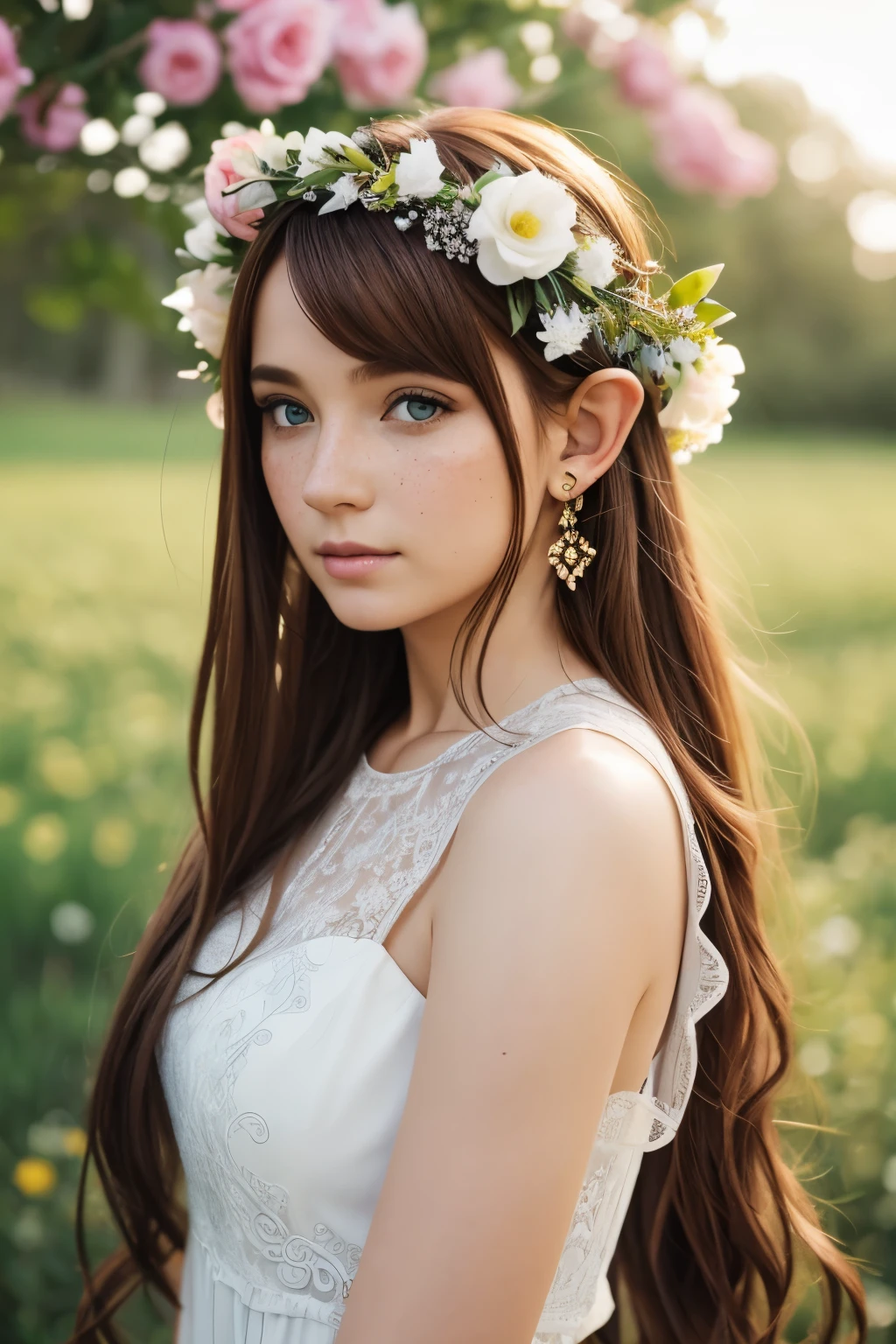 (water colour: 1.2), elf princess, flowers, freckles, bangss, redheadwear, long hair, greeneyes, hair between the eyes, flowers earrings, nblurry background, high resolution  