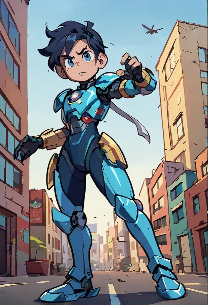 Detailed cartoon image of a young man in blue and gold armor, boy with mecha cybernetic armor, boy in armor, nanoboy, Hero 2d Fanart Artsation, cyber fight armor, megaman, epic comic book style, cyborg, anime boy from the future, lindo garoto cyborg, cyber suit, mecha suit, android hero