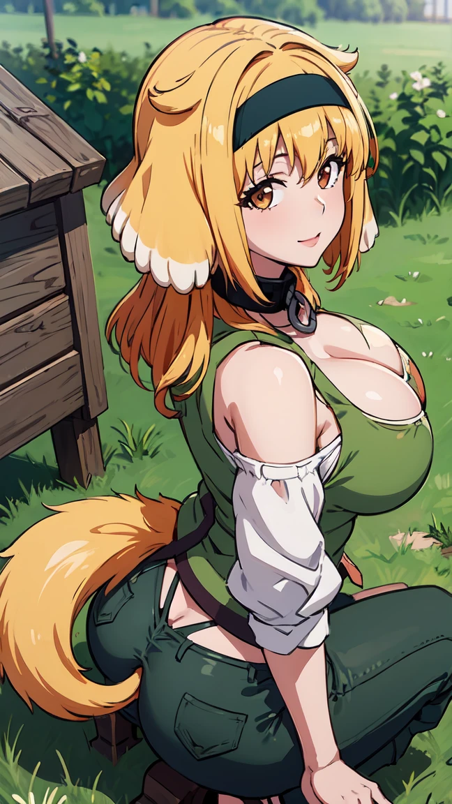 masterpiece, best quality, roxanne, dog ears, black hairband, [[[green hairband]]], collar, off-shoulder shirt, cleavage, green vest, green pants, large breasts, looking at viewer, ((dog tail above butt)), wedding_ring, happy, cabin, field, day