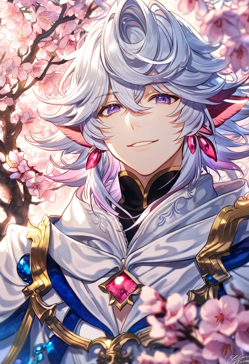 Ultra detailed, highres, absurdres, HDR, master piece, Merlin, white hair, expressivee purple eyes, white tunic, Fate Grand Order, fantasy, pink petals, water, pink flowers, handsome, sexy man, solo, best quality, blossoms, blue shining fireflies, handsome smile, 1 man only,