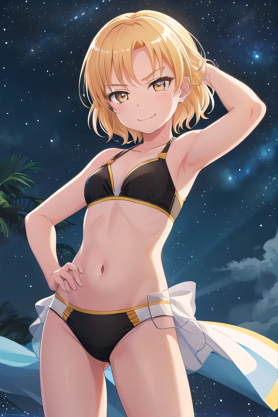 MASKING, 1girl, solo, looking at viewer, smile, short hair, blonde hair, brown eyes, yellow eyes, black bikini, high quality, solo, night sky, beach, arm behind head, hand on hip, contrapposto, closed mouth, spread armpits, (cowboy shot:1.5), looking at viewer, smirk, best quality,
