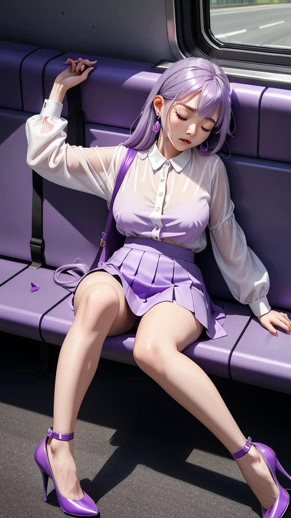 20th generation women,,Clear images、Real women 、Light purple hair, Side Tail 彼女 is fast asleep with his eyes closed and his mouth open., Slender figure ,Breasts are a little bigger than normal , Full body shot from head to toe, Shiny light purple high heels、 blouse、mini skirt、Large ring earrings, Sit down in the back of the bus, 、I threw my head back and fell into a deep sleep..,My arms are hanging down. I'm weak and want to sleep..Her knees are open and her underwear is visible., Both feet are on the floor, sleeping face, close your eyes, Mouth wide open and drool、tilt your head back and look up, You can rest your head on the seat and sleep soundly.., Anatomically correct,A composition looking up from directly in front