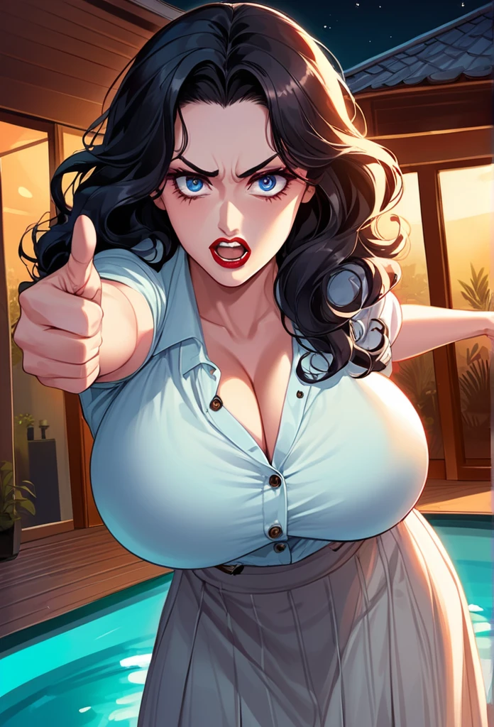 detailed illustration (side view),dynamic angle,ultra-detailed, detailed eyes, detailed face, 1girl, night , nightime, stars, 1940’s wife, tight and strained button up blouse and long skirt, anime eyes, lidded eyes, angry, standing in pool house, domestic goddess, black hair, huge breasts, wholesome yet sexy, motherly, nurturing, MILF, glass sliding door, moonscape outside, dark blue eyes, highly detailed eyes, detailed eyes, bright eyes, long hair, wavy hair, red lips, buttons straining, cleavage too big, gaps between buttons, chest busting out, mad, yelling at camera, pointing at camera, beautiful face, attractive face