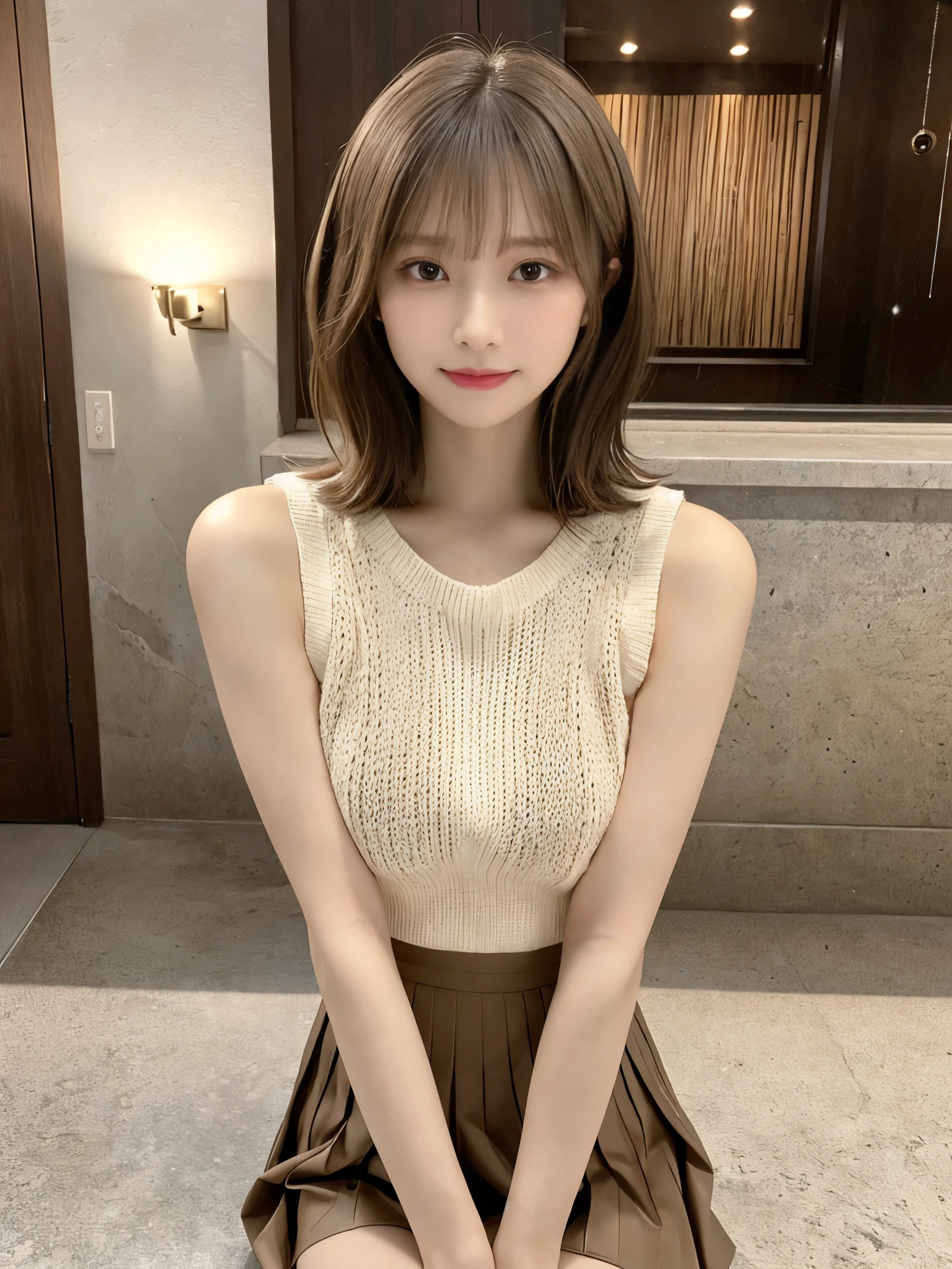 (Detailed skin:1.2),(Shiny skin:1.1),8K,Highest quality, masterpiece, Ultra-high resolution,(Realistic:1.4), RAW Photos,(Soft saturation:1.3),(Fair skin:1.2),Japanese Idols,repair,20 years, Brown Hair, Very Short Hair, Asymmetrical Hair, Wavy Hair, Asymmetrical bangs
 (Pretty face:1.4), (Big Breasts, Tight waist), Beautiful lighting, Small Head,
(Mini Pleated Skirt:1.2,), Sleeveless knitwear,Highly detailed face, Highly detailed lips, fine grain, double eyelid,, Full Body Shot, Browsing Caution, Sharp focus: 1.2, Beautiful woman with perfect figure: 1.2、Random Pause，Accentuate the lines of your legs、smile、
