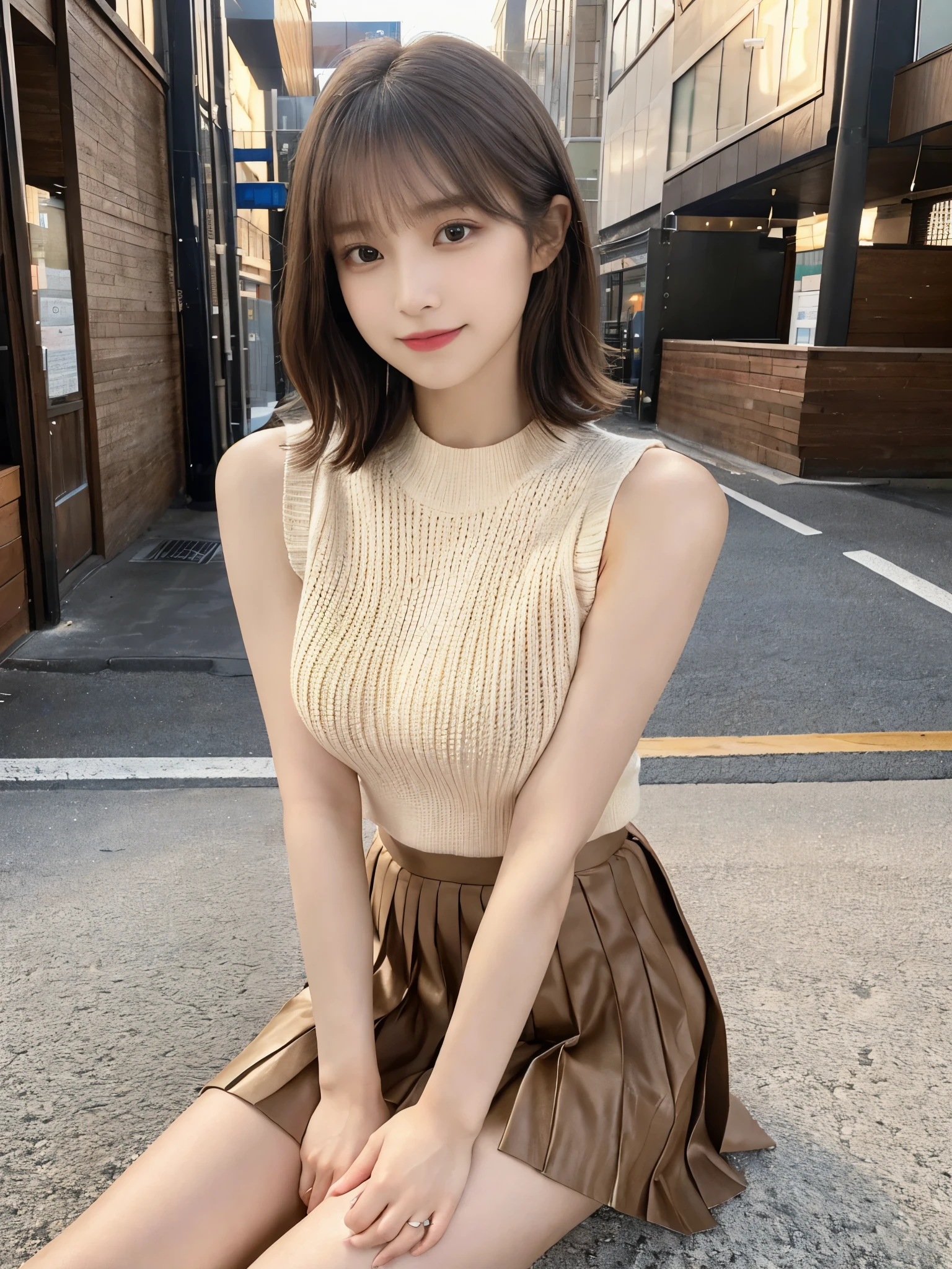 (Detailed skin:1.2),(Shiny skin:1.1),8K,Highest quality, masterpiece, Ultra-high resolution,(Realistic:1.4), RAW Photos,(Soft saturation:1.3),(Fair skin:1.2),Japanese Idols,repair,20 years, Brown Hair, Very Short Hair, Asymmetrical Hair, Wavy Hair, Asymmetrical bangs
 (Pretty face:1.4), (Big Breasts, Tight waist), Beautiful lighting, Small Head,
(Mini Pleated Skirt:1.2,), Sleeveless knitwear,Highly detailed face, Highly detailed lips, fine grain, double eyelid,, Full Body Shot, Browsing Caution, Sharp focus: 1.2, Beautiful woman with perfect figure: 1.2、Random Pause，Accentuate the lines of your legs、smile、