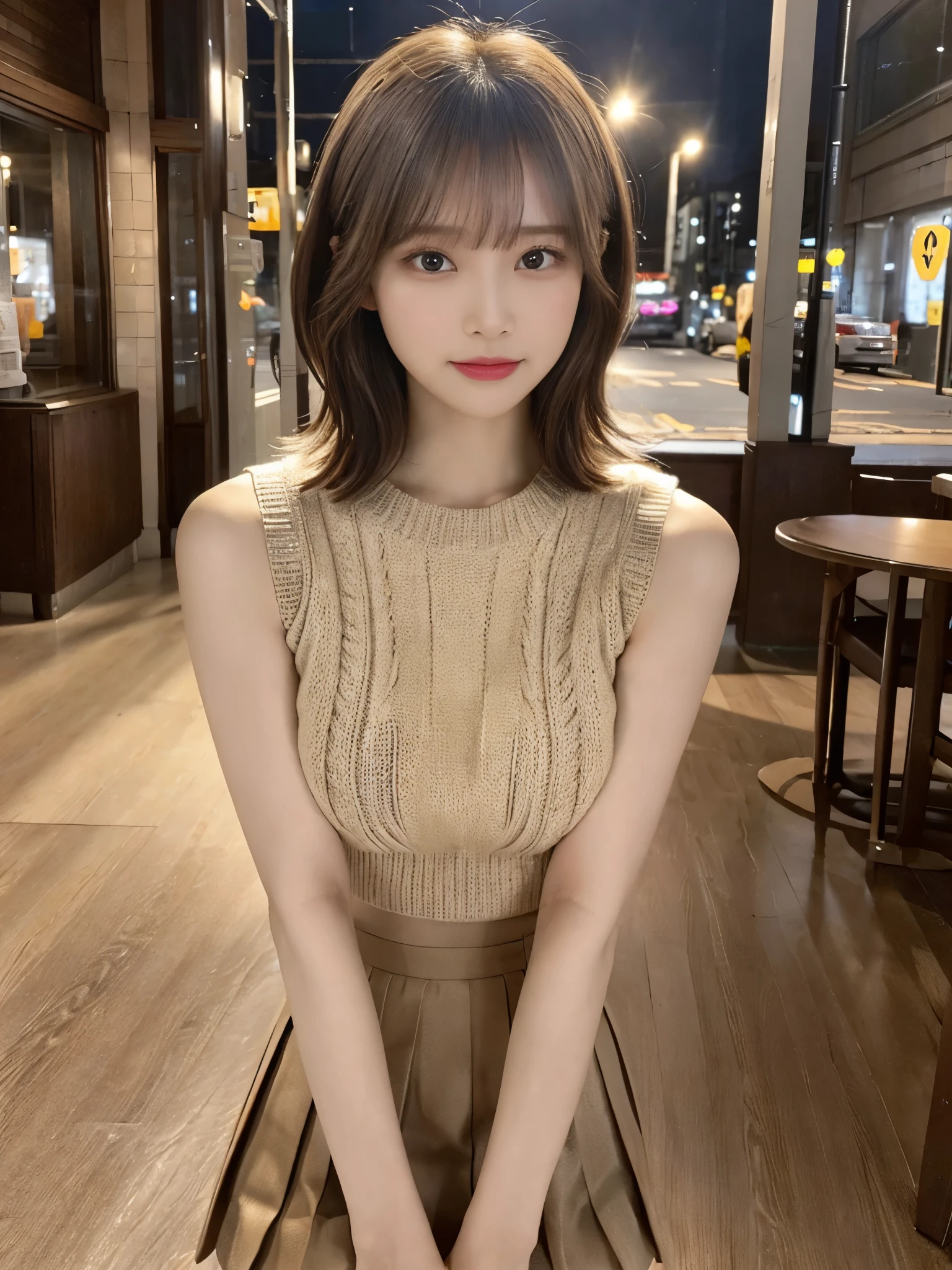 (Detailed skin:1.2),(Shiny skin:1.1),8K,Highest quality, masterpiece, Ultra-high resolution,(Realistic:1.4), RAW Photos,(Soft saturation:1.3),(Fair skin:1.2),Japanese Idols,repair,20 years, Brown Hair, Very Short Hair, Asymmetrical Hair, Wavy Hair, Asymmetrical bangs
 (Pretty face:1.4), (Big Breasts, Tight waist), Beautiful lighting, Small Head,
(Mini Pleated Skirt:1.2,), Sleeveless knitwear,Highly detailed face, Highly detailed lips, fine grain, double eyelid,, Full Body Shot, Browsing Caution, Sharp focus: 1.2, Beautiful woman with perfect figure: 1.2、Random Pause，Accentuate the lines of your legs、smile、