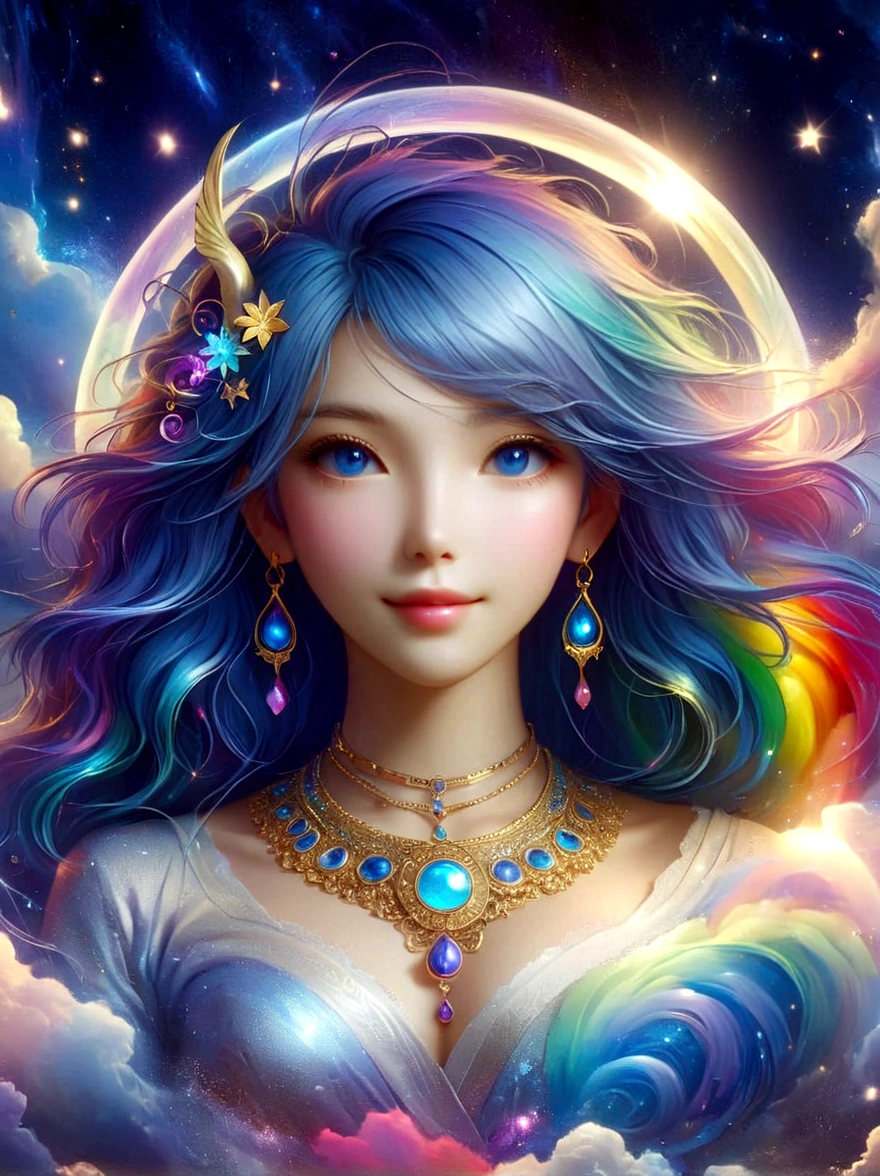 1xknh1, (full-body shot:1.4), Goddess of moonlight，Lively eyes，Full of love and light energy，With rainbow light