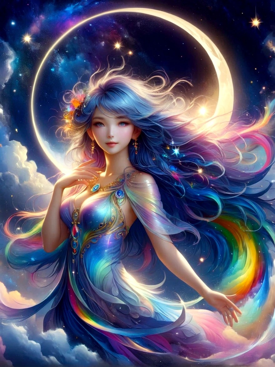 1xknh1, (full-body shot:1.4), Goddess of moonlight，Lively eyes，Full of love and light energy，With rainbow light