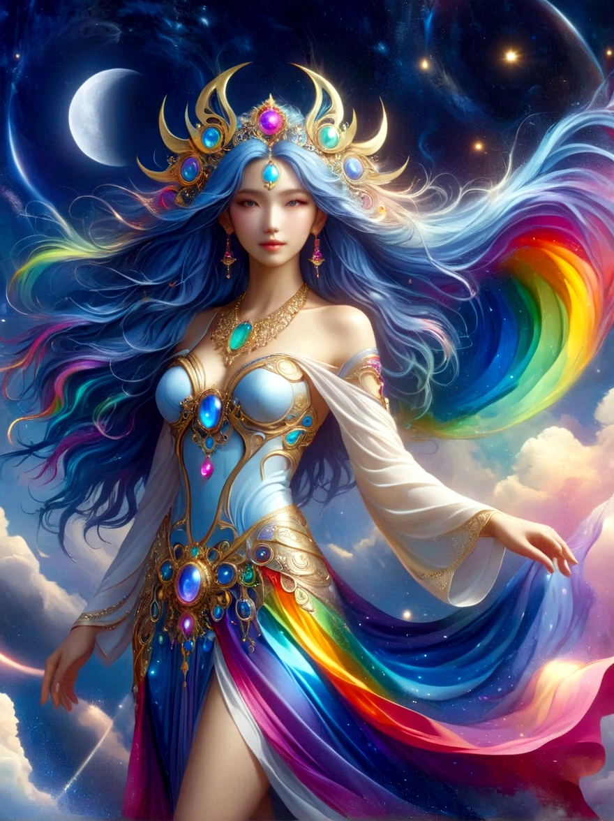 1xknh1, (full-body shot:1.4), Goddess of moonlight，Lively eyes，Full of love and light energy，With rainbow light