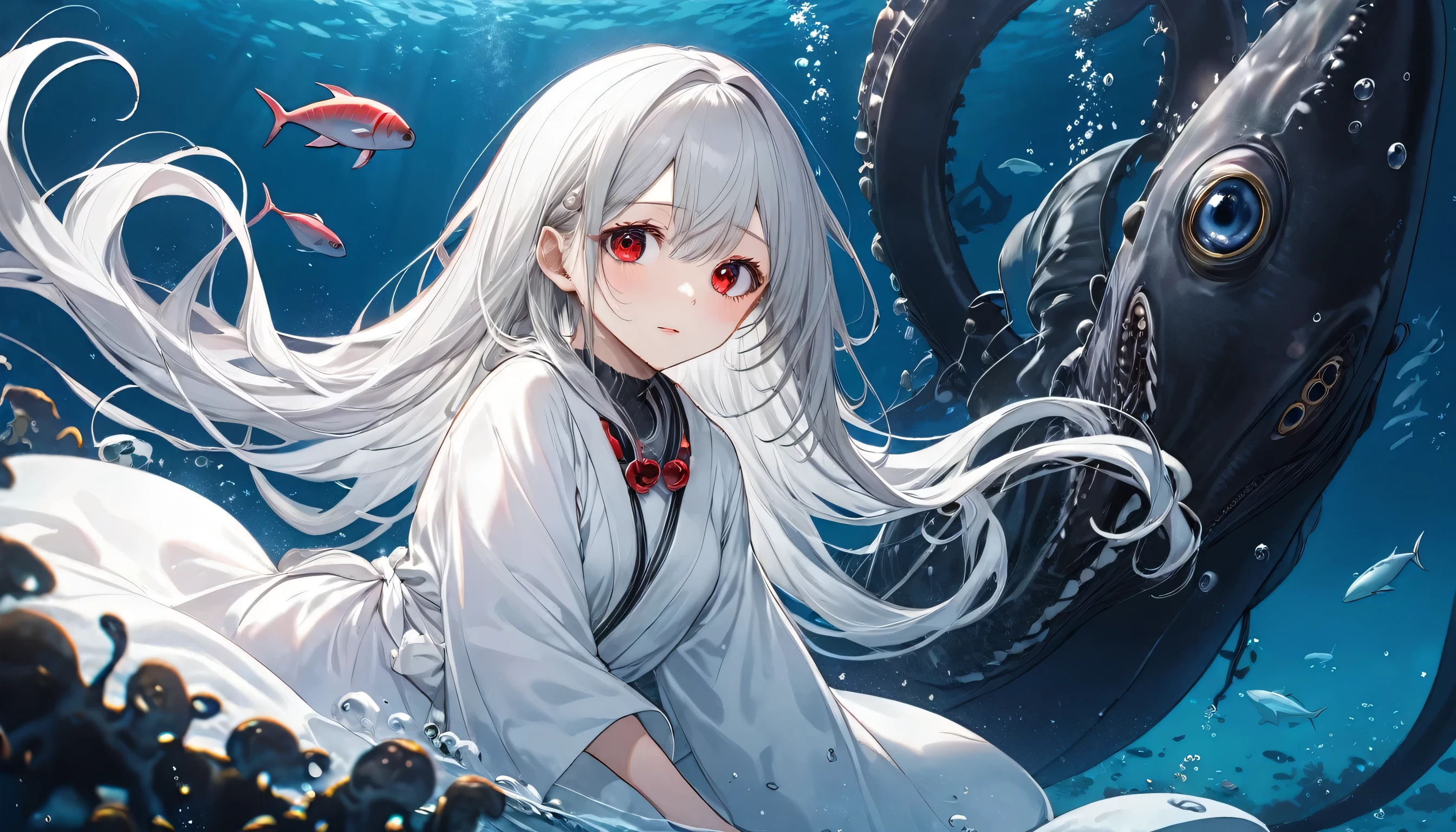 (Deep sea diving style), (biggest Deep Sea Creatures) and (one girl), ( yo silverhair long hair alluring girl, detailed red eyes), in a white robe, (Drifting in the deep sea), break, (in the deep sea, background a abyss), BREAK, perfect anatomy, masterpiece, best quality, 16k, beautiful detailed deep abyss, daydreaming expression