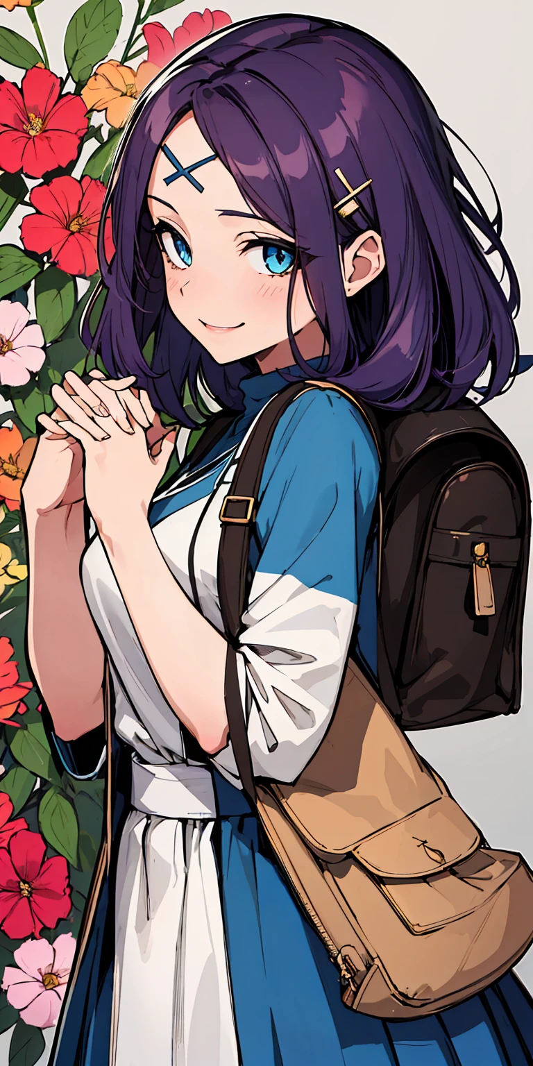 (absurdres, 8k, 4k, masterpiece, hyper extreme detailed:1.2), solo, 1girl, front view, cowboy shot, perfect anatomy, half body, perfect face, 1girl, portrait, solo, standing, Female, Mature Female, expressive eyes, perfect face, dark purple hair, 1girl, messy hair, perfect anatomy, adult, standing, straight hair, pale, medium hair, perfect anatomy, friendly, happy, good, good natured, kind, kindhearted, understanding, honesty, integrity, empathy, empathic, smile, nice, happy, expressive, cute, caring, Compassionate, Humility, Integrity, Forgiveness, forgiving, sparkling eyes, expressive eyes, hair covering forehead, swept bangs, medium bust, sweater, cute outfit, blue skirt, wholesome, Patience, love, loving, Generous, savior, saint, saintly, devoted, selfless, Positive, Encouraging, polite, courage, courageous, Considerate, unselfish, Diligent, warm, welcoming, Temperate, Cooperative, faithful, Imaginative, Fairness, fair, perfect, normal, 1girl, cutesy, pins, hairpins, bedroom background, colorful, backpack, flowers, flowers in hair, slender, slim, beautiful, wonderful, college student, warm smile, clasped hands, tilted head, hope, integrity, inspiring, benevolent, huggable, cute outfit, cute bag,