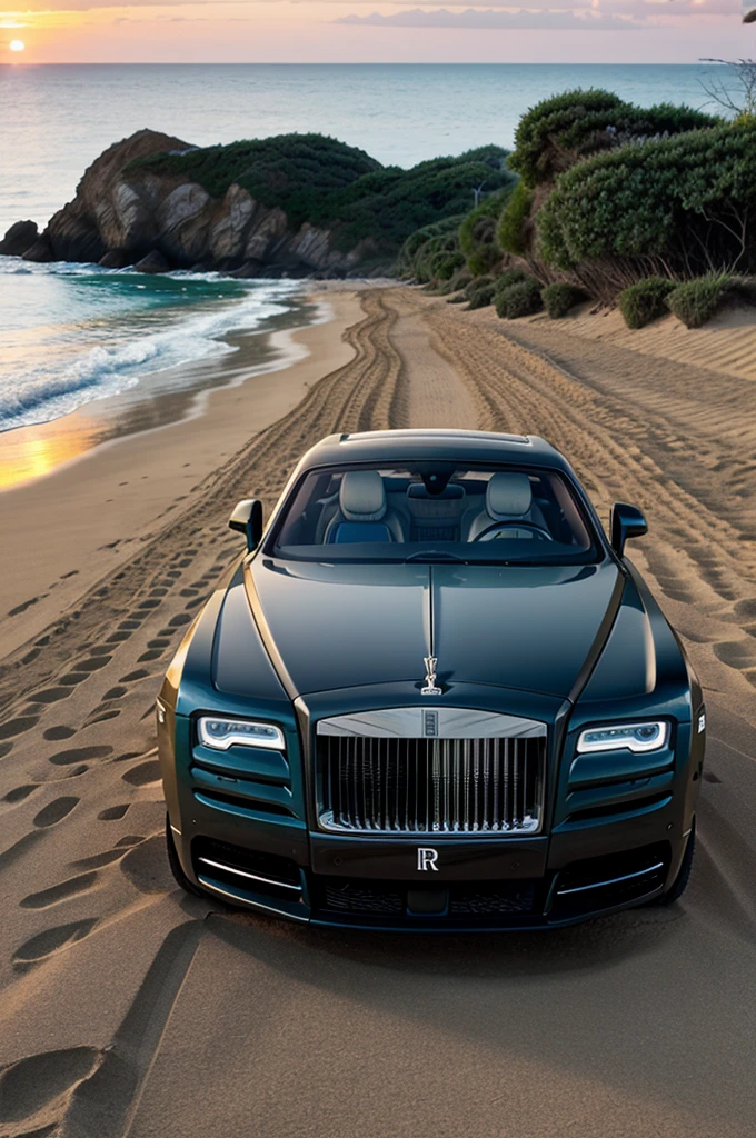 A rolls Royce park on the side of the beach and seeing beautiful sunset