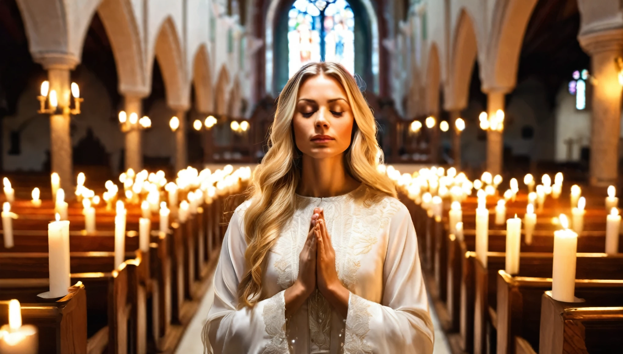 portrait of a beautiful blonde woman with her eyes closed and hands clasped in prayer in church, catholic dress, woman standing in the center of the picture, magical scene