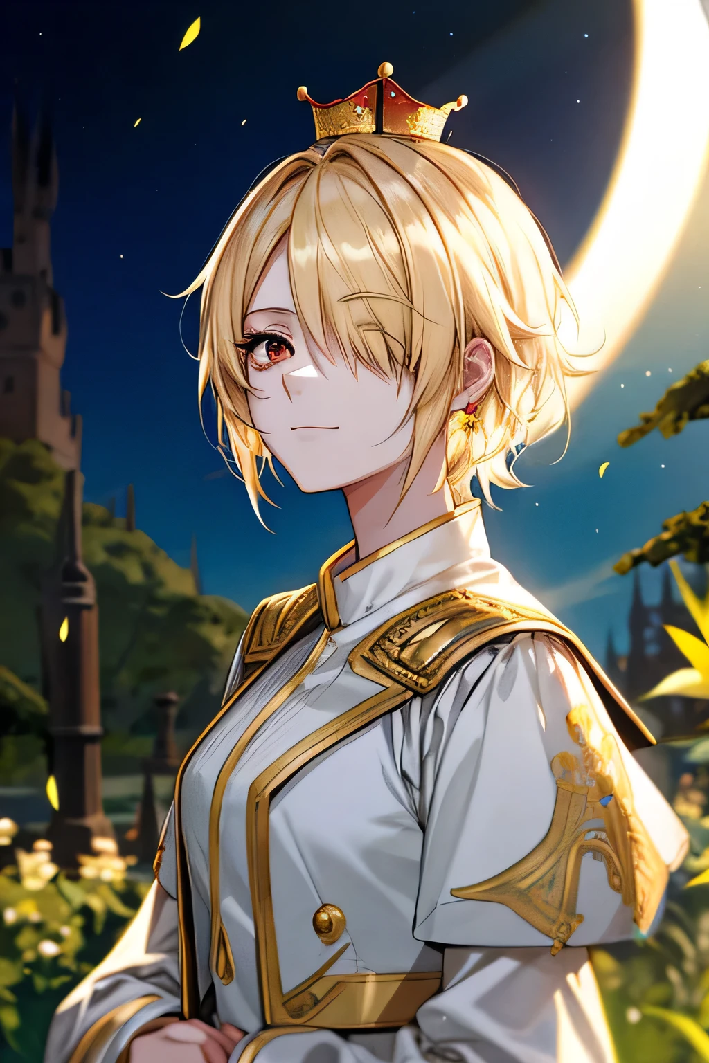 (((masterpiece:1.2、Highest quality)))、1 female、((Blonde Short Hair))、(((I'm wearing a crown)))、Red eyes、Long eyelashes、White suit、Fantasy、uniform、Royalty、garden、Blooming Flowers、sunlight、Fantastic Light and Shadow、Scenery of the Royal Palace、Highly detailed face、Invincible Smile、Dynamic depiction、Tホテルのmasterpiece,Highest quality,As-、Short, straight, dark yellow hair,shirt, half-naked,Dressed in strict royal attire, White and gold royal outfit, Handsome anime pose, A beautiful feminine face、Center Section、amount、Sexy、expensive、Handsome、Beautiful shape、Best Style、Cool look、Model pose、(Barrette)、(((Hair on one eye)))、(((One eye is hidden by hair)))、(((Blonde Short Hairー))),(Red eyes)、Mao Sen Moon Song、