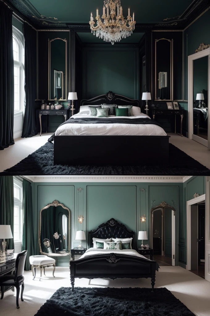create a large and wide room, a castle-type feminine room but with a dark color palette, mainly black and green, with double bed and makeup dressing table, with a dark style