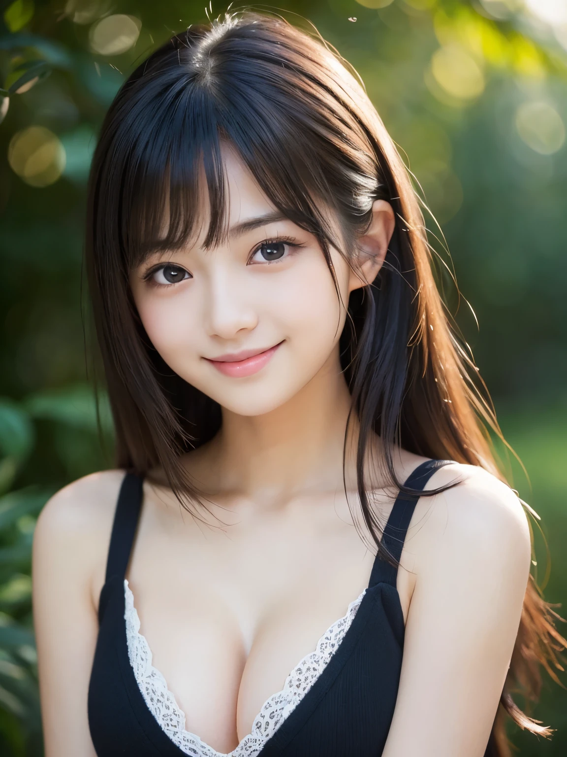 (Best-quality, Masterpiece, Ultra-High-Resolution, (Photorealistic:1.4), Raw Photo, depth of field, professional lighting, perfect ???????, extremely details), 1girl, the most famous Japanese idol, portrait, (extremely cute face like the most popular Japanese idol, (extremely cute and extremely big eyes), extremely cute black-hair), extremely cute long-eyelashes, extremely cute lips, extremely cute ???????, (((extremely beautiful and extremely realistic skins))), ((innocent smile))