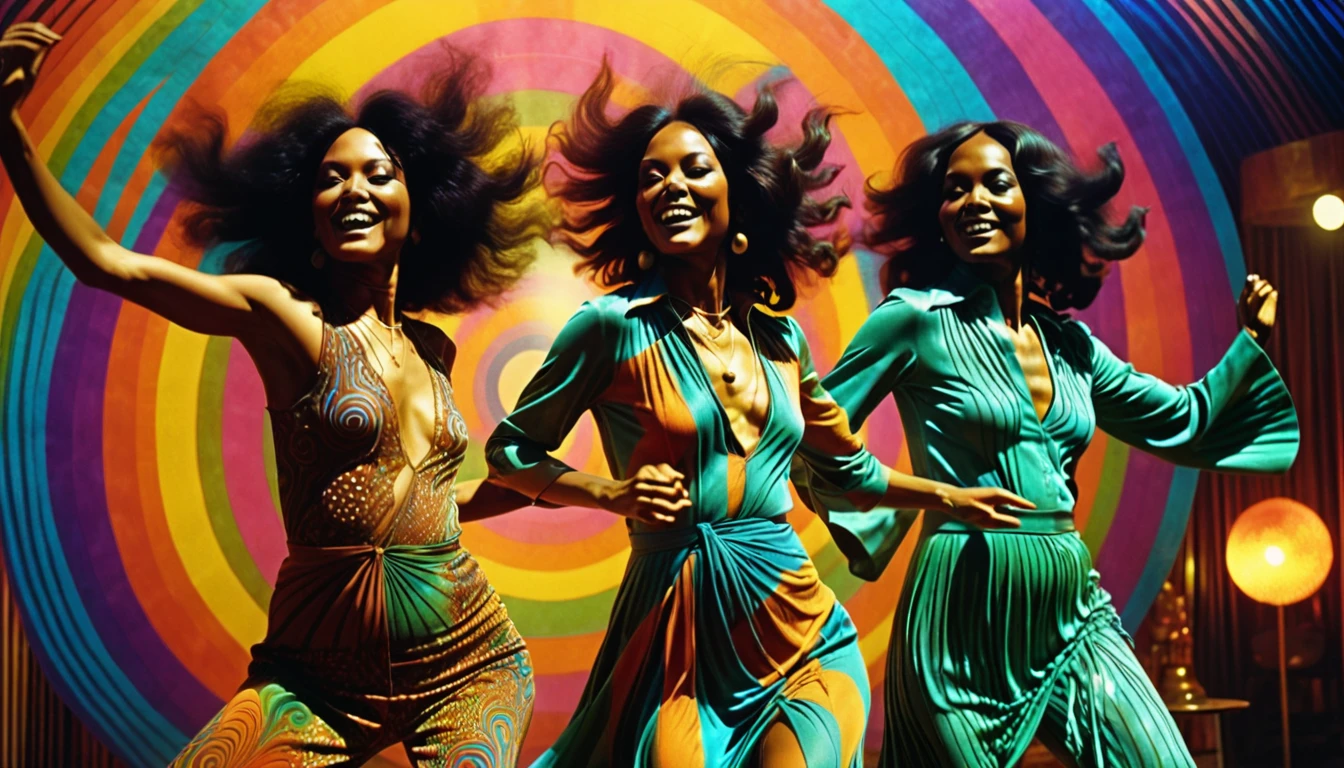 1970s, 2 beautiful multiracial women dancing, psychedelic atmosphere, cinematic action, masterpiece, super detail, textured skin, atmospheric perspective,
