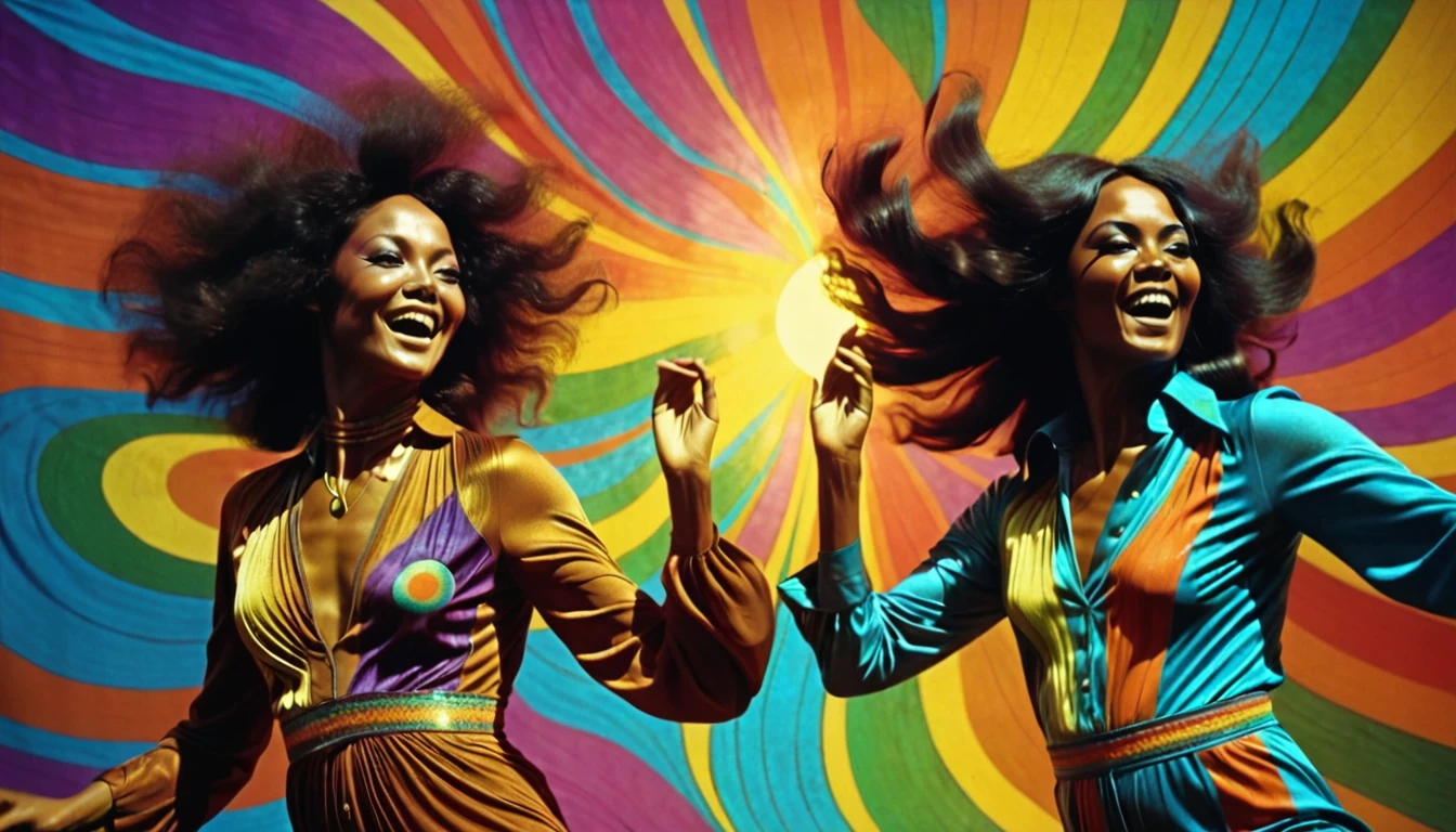 1970s, 2 beautiful multiracial women dancing, psychedelic atmosphere, cinematic action, masterpiece, super detail, textured skin, atmospheric perspective,