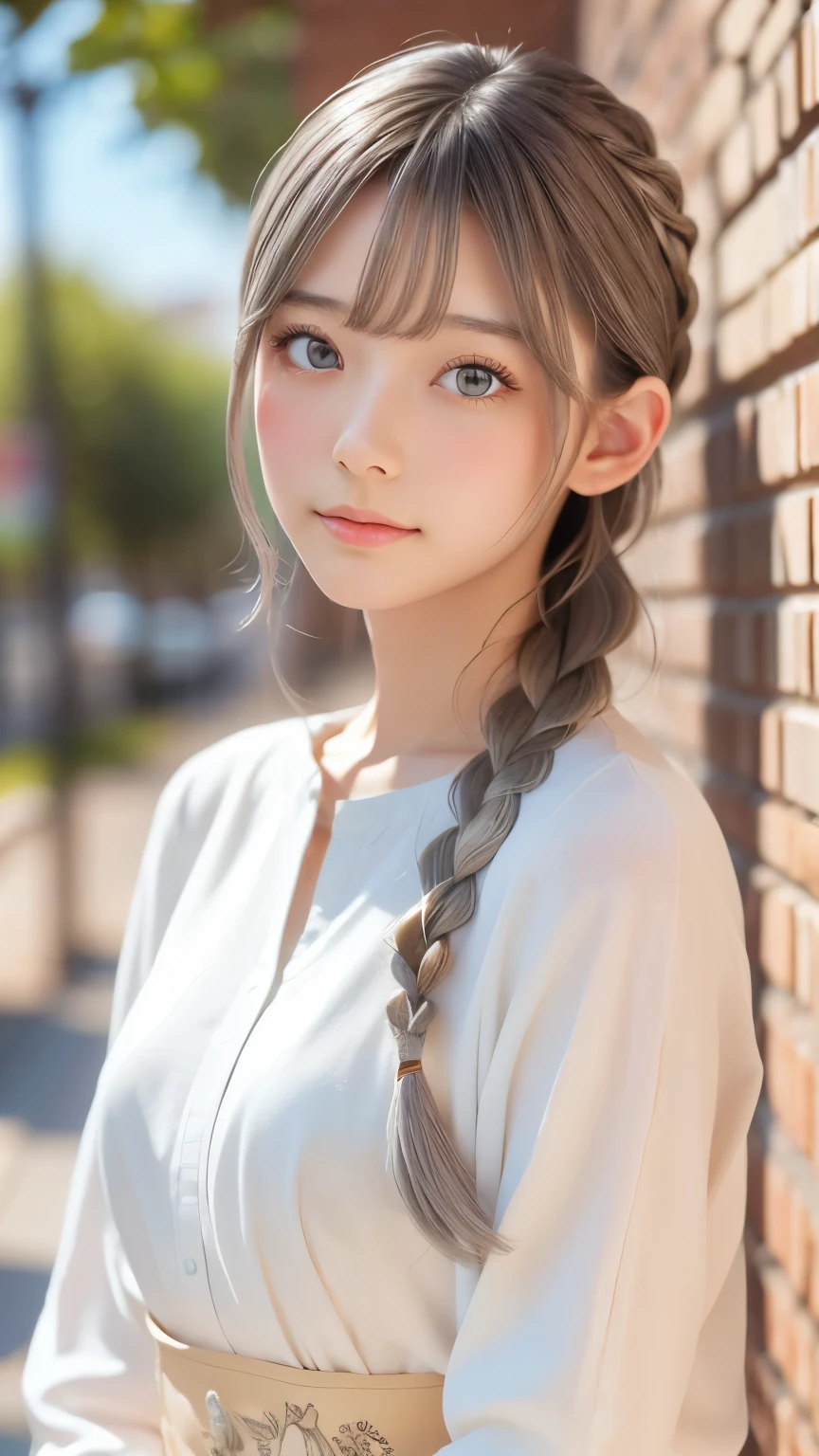 Highest quality, masterpiece,Gray Hair, Golden Eyes,White clothes, look up, Upper Body,hair,Fair skin,Side braid