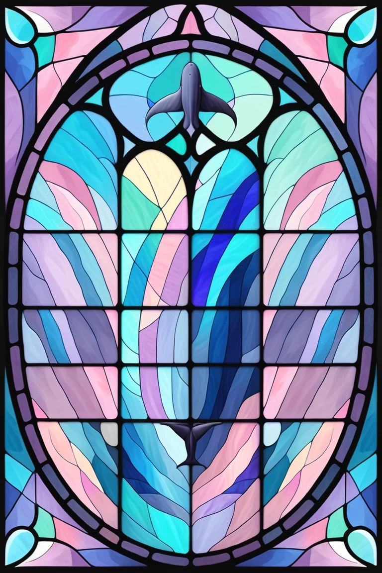 2D Stained Glass soft,pastel colors,sperm whale in window frame. dungeons and dragons art. symmetrical design, in the style of stained glass. Digital stained glass style. pastel color scheme