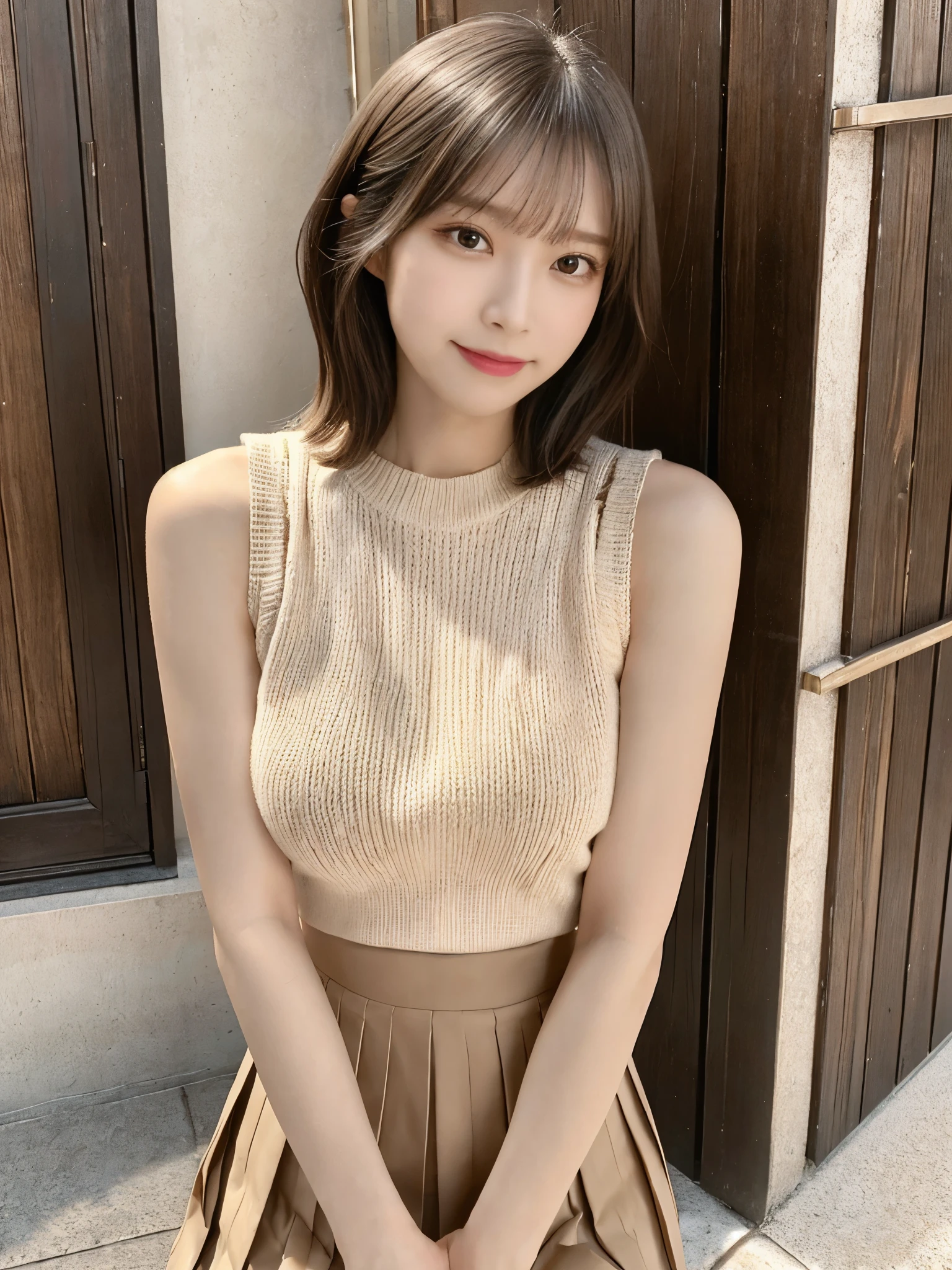 (Detailed skin:1.2),(Shiny skin:1.1),8K,Highest quality, masterpiece, Ultra-high resolution,(Realistic:1.4), RAW Photos,(Soft saturation:1.3),(Fair skin:1.2),Japanese Idols,repair,20 years, Brown Hair, Very Short Hair, Asymmetrical Hair, Asymmetrical bangs
 (Pretty face:1.4), (Big Breasts, Tight waist), Beautiful lighting, Small Head,
(Mini Pleated Skirt:1.2,), Sleeveless tight knitwear,Highly detailed face, Highly detailed lips, fine grain, double eyelid,, Full Body Shot, Browsing Caution, Sharp focus: 1.2, Beautiful woman with perfect figure: 1.2、Random Pause，Accentuate the lines of your legs、smile、