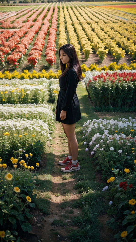 There are people standing in the flower field.
