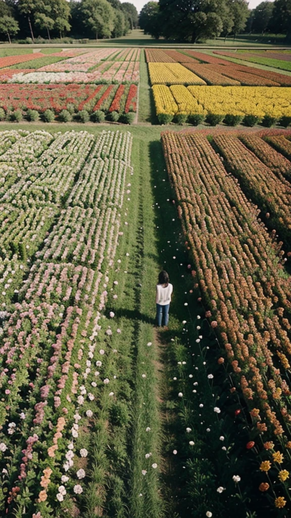 There are people standing in the flower field.
