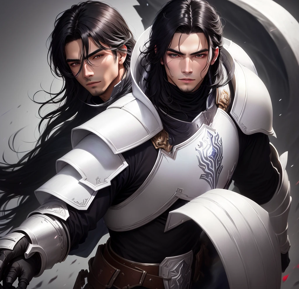 caballero de white armor, dark hair, black hair, hombre de black hair y ojos rosados, white armor, black hair y azul
