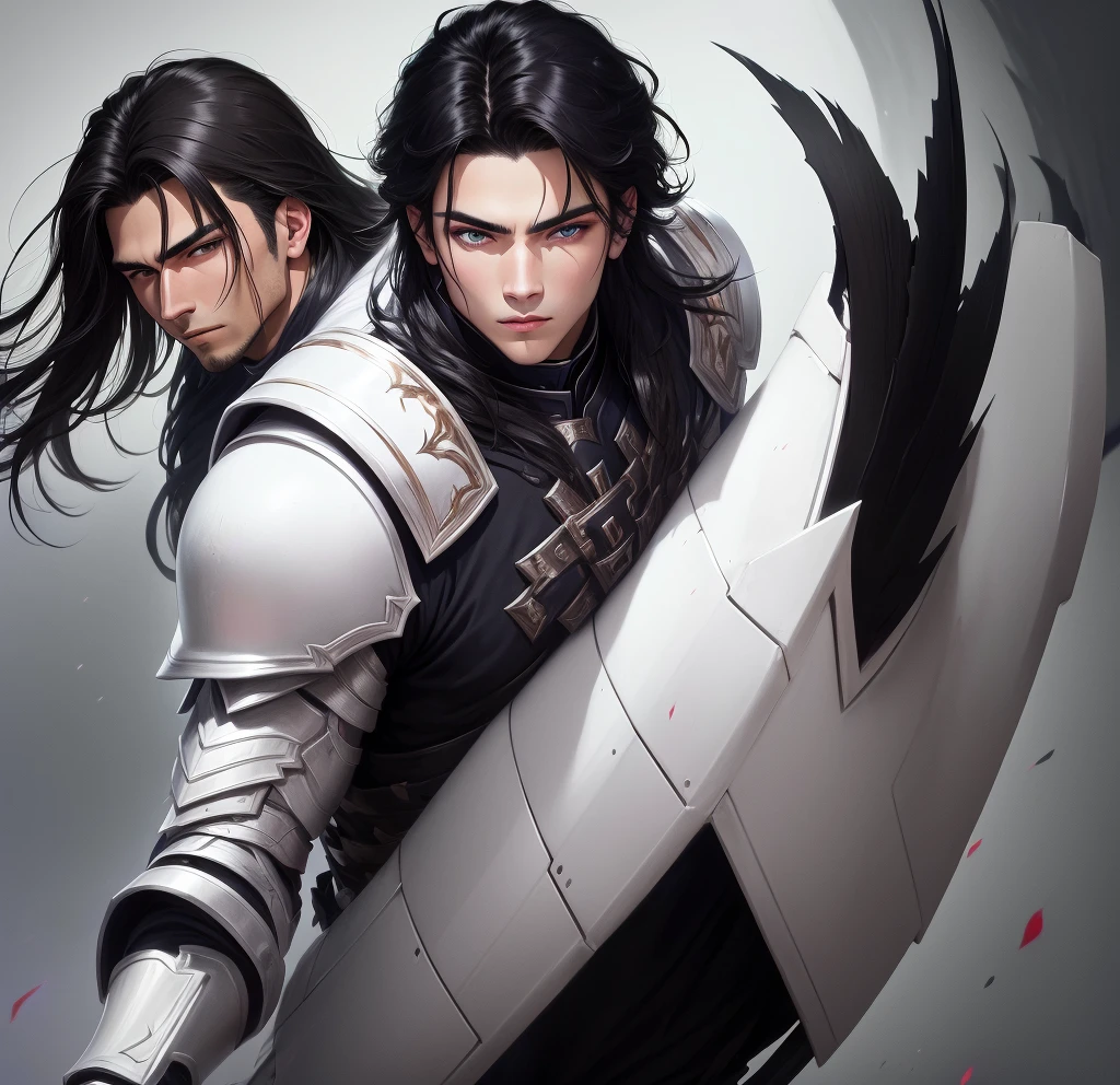 caballero de white armor, dark hair, black hair, hombre de black hair y ojos rosados, white armor, black hair y azul