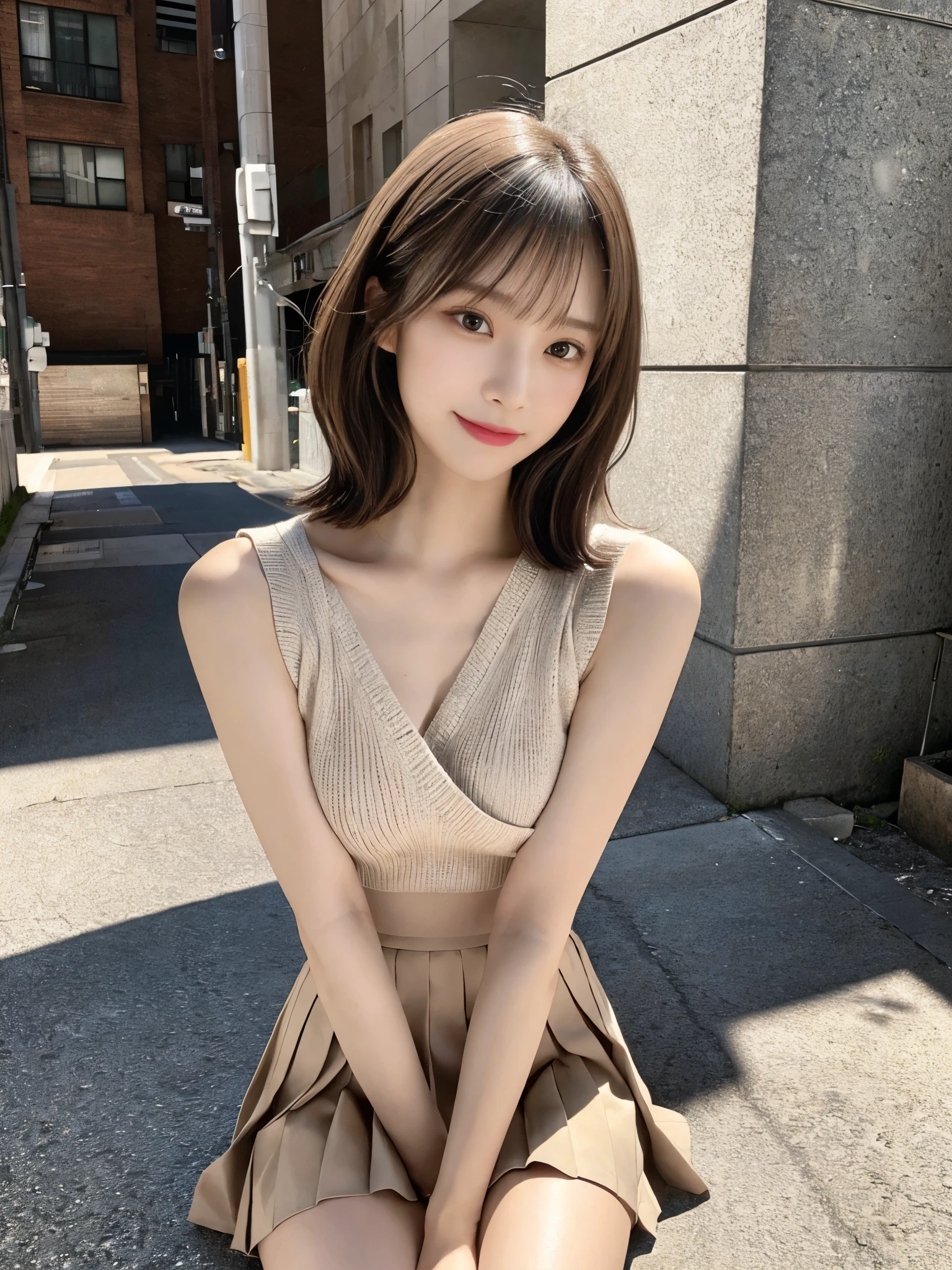 (Detailed skin:1.2),(Shiny skin:1.1),8K,Highest quality, masterpiece, Ultra-high resolution,(Realistic:1.4), RAW Photos,(Soft saturation:1.3),(Fair skin:1.2),Japanese Idols,repair,20 years, Brown Hair, Very Short Hair, Asymmetrical Hair, Asymmetrical bangs
(Pretty face:1.4), (Big Breasts, Tight waist), Beautiful lighting, Small Head,
(Mini Pleated Skirt:1.2,), Sleeveless tight knitwear,Highly detailed face, Highly detailed lips, fine grain, double eyelid,, Full Body Shot, Browsing Caution, Sharp focus: 1.2, Beautiful woman with perfect figure: 1.2、Random Pause,Accentuate the lines of your legs、smile、
