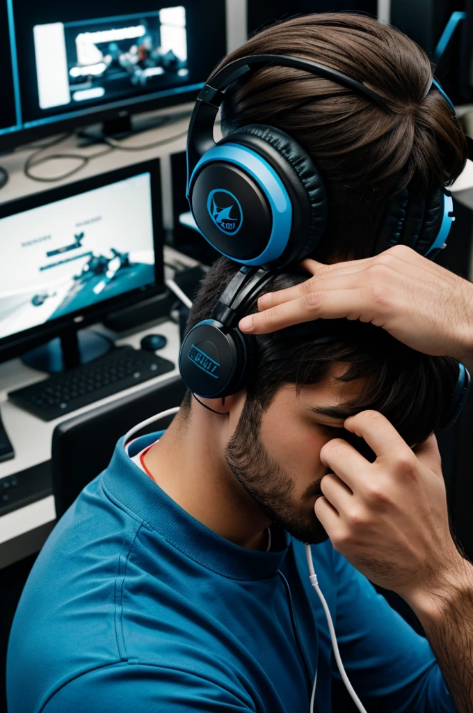 Professional gamer playing game and wearing headphones