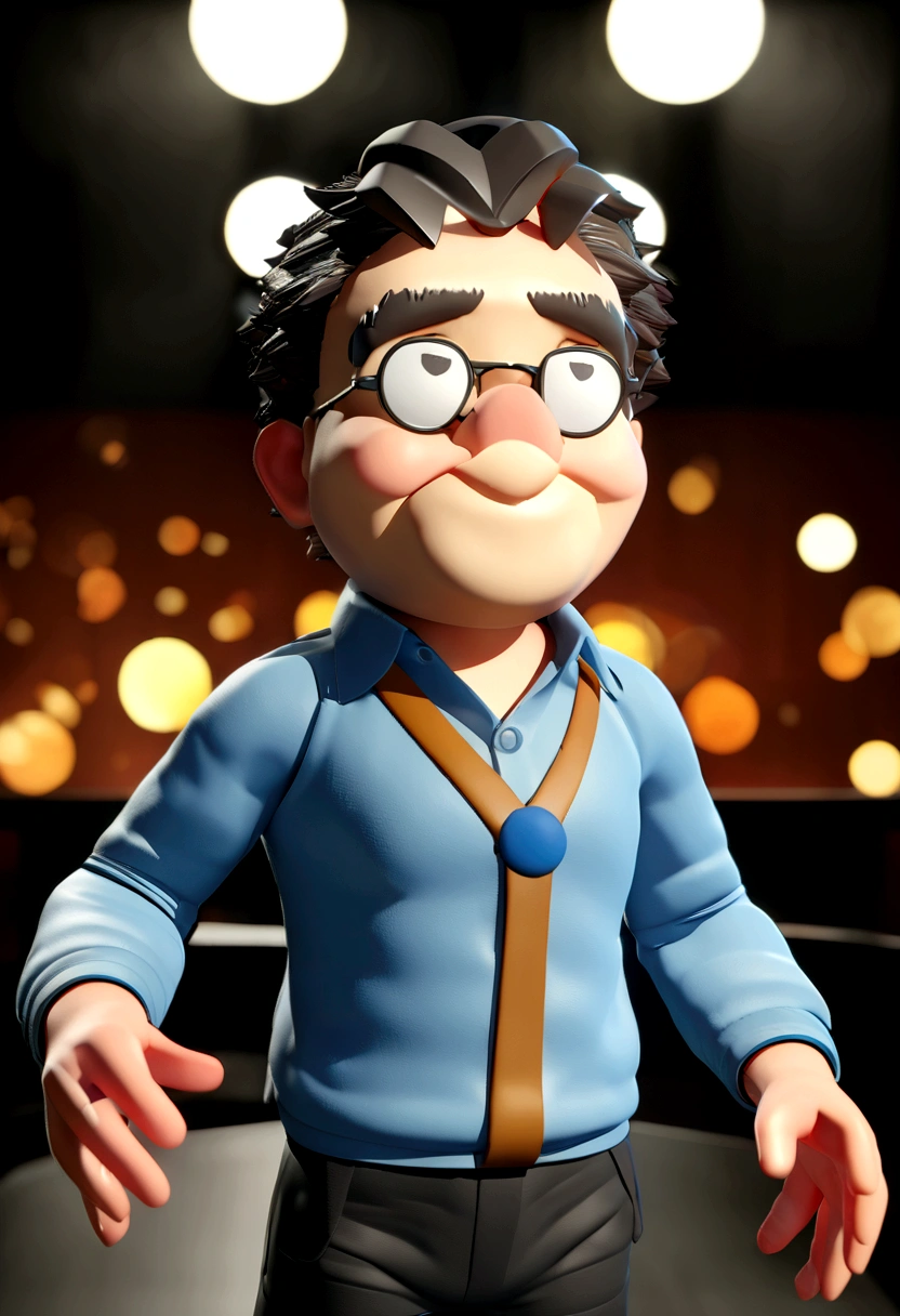 Cartoon character of a man wearing black glasses and a blue shirt, um personagem animado, rosto e corpo magro, bigode e cavanhaque, um cachorro amarelo, Caractere estilizado, animation style rendering, 3D estilizado, Arnold Maya render, 3 d render stylized, toon render keyshot, Personagem 3D, Personagem 3D, 3d rendering stylized, 3 d character render, personagem de desenho animado, Personagem de close up, Pose de personagem, (Estilo Pixar) (master part:1.2) (Bokeh) (best quality) (pele detalhada) (textura detalhada) (8k) (argila) (Cinematic lighting) (foco nítido