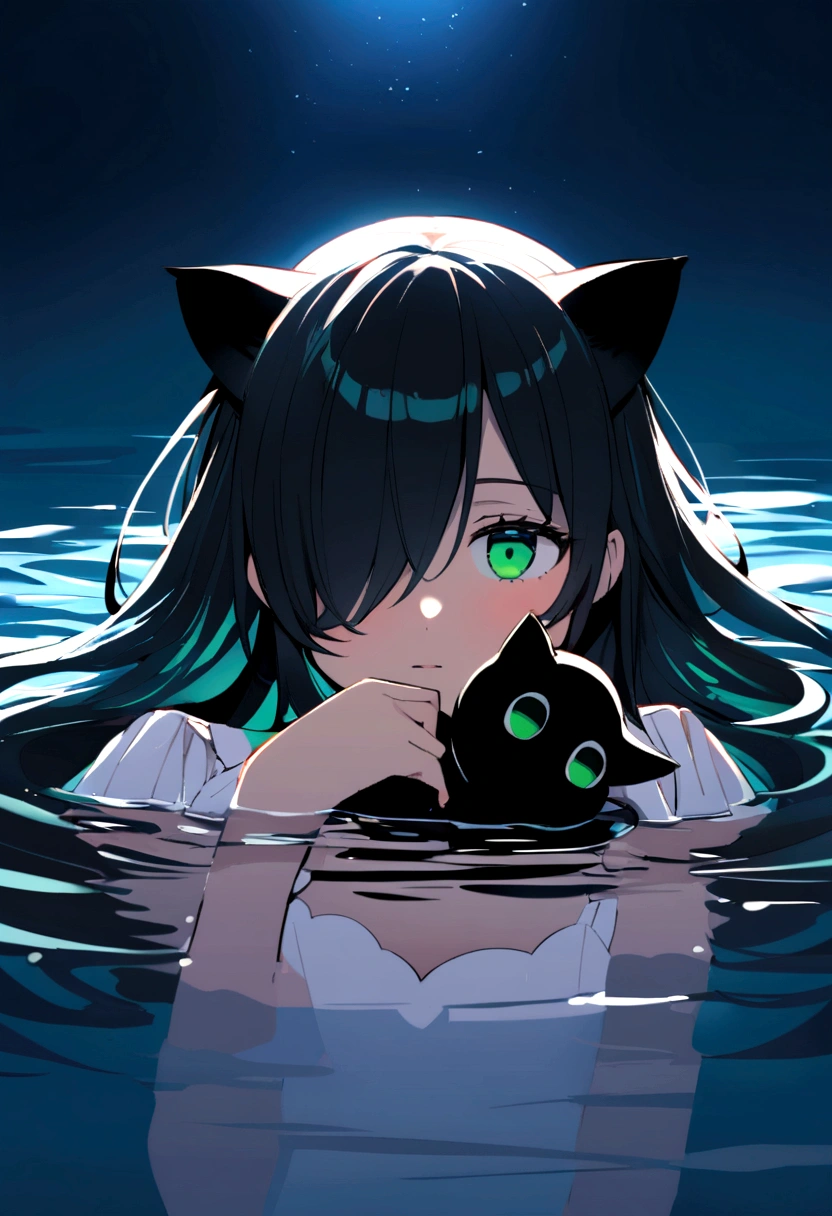 A -yeld giwith black cat ears and black hair, wearing a white dress with ruffles, lying on shallow water with a dreamy expression. Her right eye is dark blue, and her left eye is dark green. She has a strand of hair falling over the right side of her face, but it doesn't completely cover her right eye. The background includes a bright, blue sky reflected in the water, with vibrant and detailed colors, emphasizing her emotions. The scene should be serene and peaceful, without any cats.