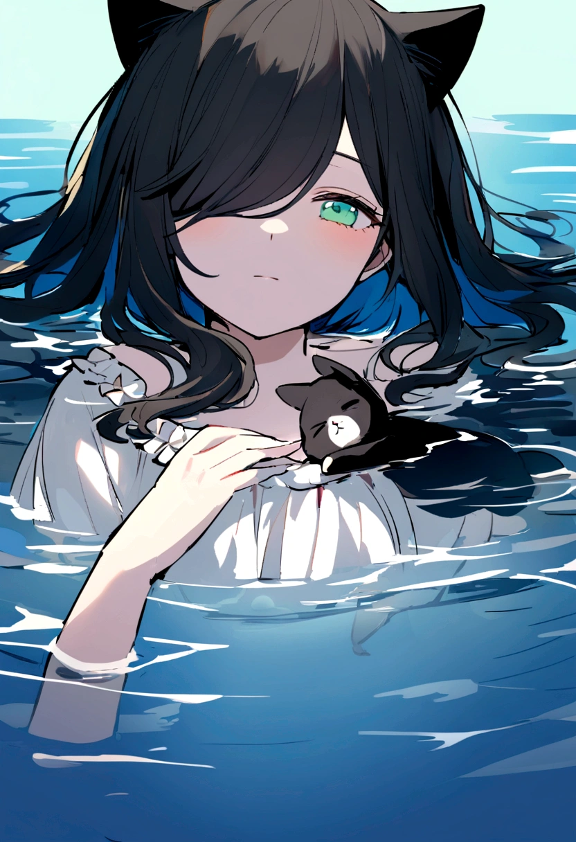 A with black cat ears and black hair, wearing a white dress with ruffles, lying on shallow water with a dreamy expression. Her right eye is dark blue, and her left eye is dark green. She has a strand of hair falling over the right side of her face, but it doesn't completely cover her right eye. The background includes a bright, blue sky reflected in the water, with vibrant and detailed colors, emphasizing her emotions. The scene should be serene and peaceful, without any cats.