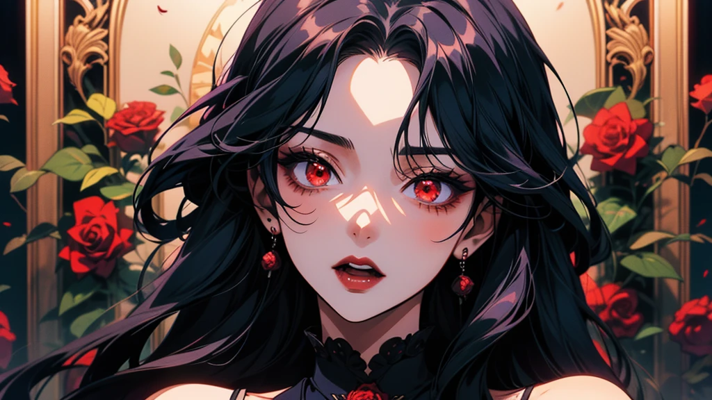 Anime girl with red eyes, red roses and black hair, Gothic Maiden Anime Girl, Korean Art Nouveau Animation, japanese gothic, 1 7 anime goth girl, Vampire Girl, Yandere, by Rei Kamoi, Beautiful Vampire Queen, Anime illustration, Beautiful and detailed anime art, Gwaiz, Beautiful anime portraits, Beautiful anime art, Anime-style artwork