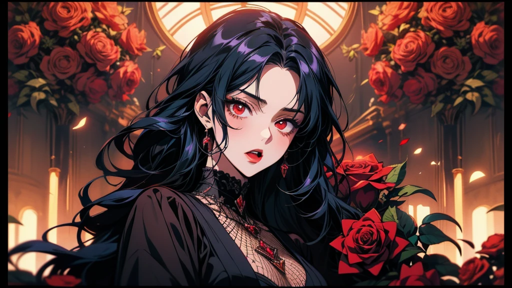 Anime girl with red eyes, red roses and black hair, Gothic Maiden Anime Girl, Korean Art Nouveau Animation, japanese gothic, 1 7 year old anime goth girl, Vampire Girl, Yandere, by Rei Kamoi, Beautiful Vampire Queen, Anime illustration, Beautiful and detailed anime art, Gwaiz, Beautiful anime portraits, Beautiful anime art, Anime-style artwork