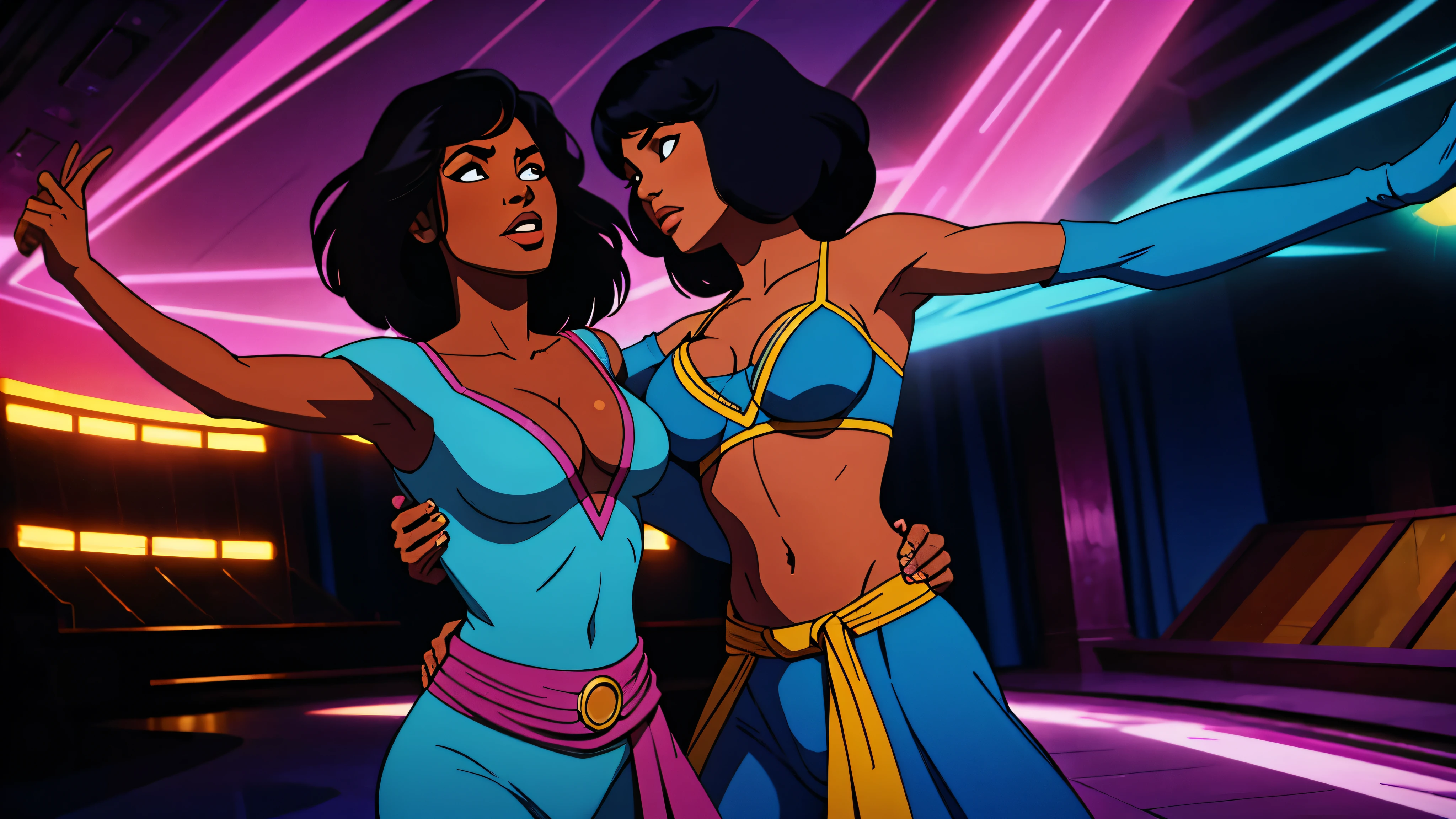 1970s, 2 beautiful multiracial women dancing, psychedelic atmosphere, cinematic action, masterpiece, super detail, textured skin, atmospheric perspective,