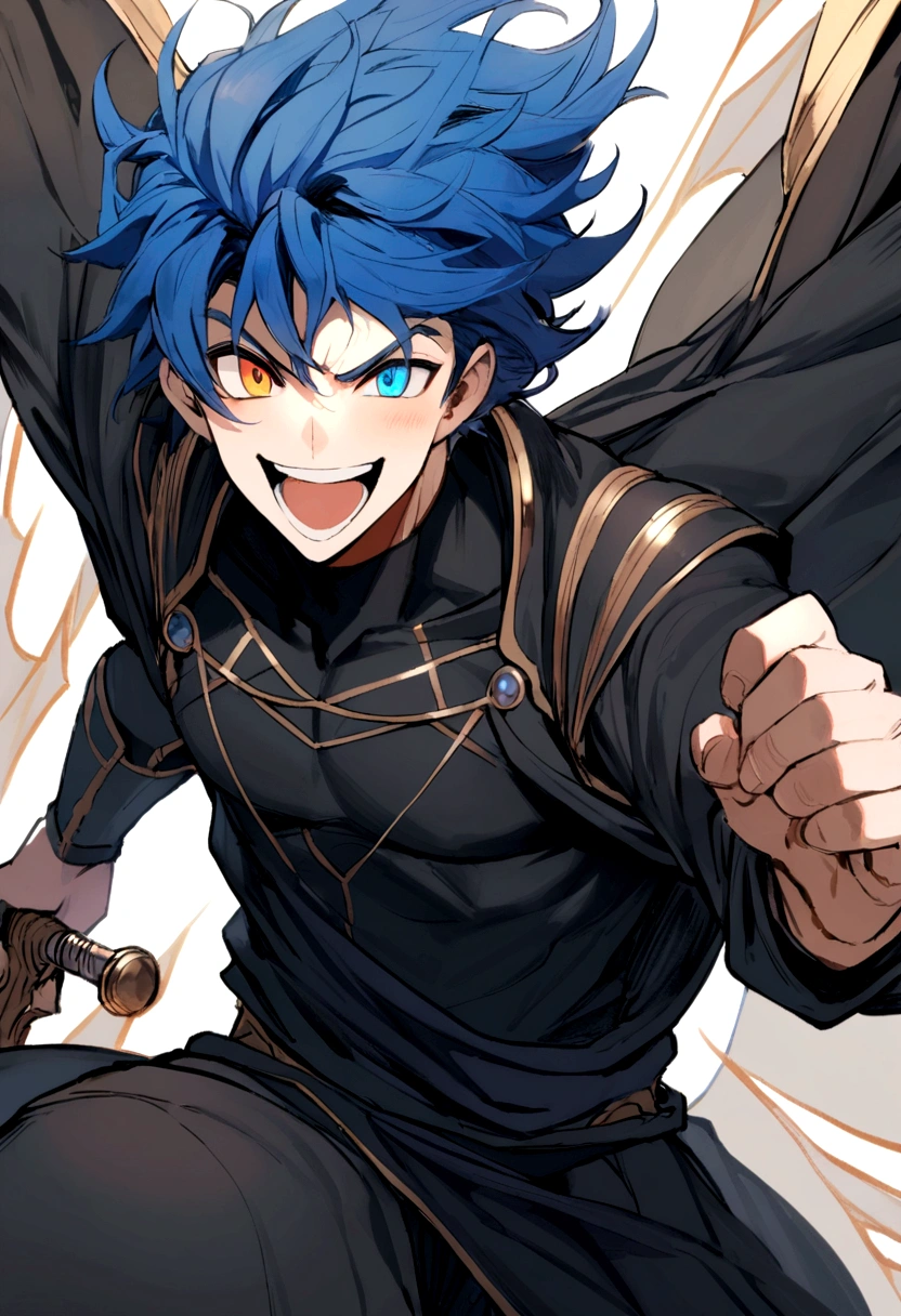 1homem, big blue hair, heterochromic eye, excited smile, black jersey, black and blue loose jacket, carrying a weapon