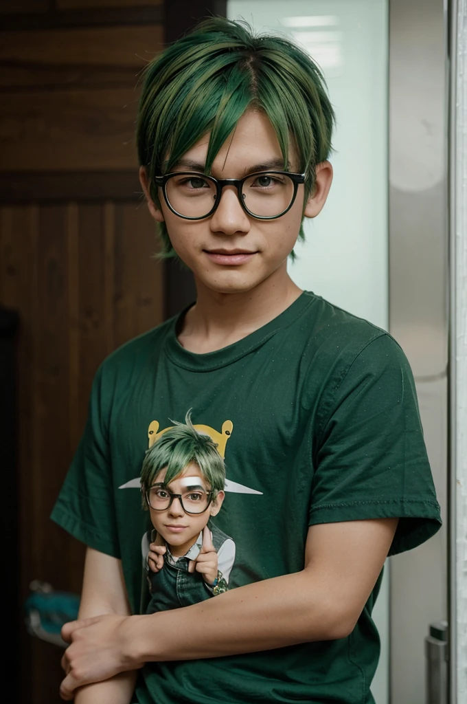 Chibi green hair boy wearing glasses