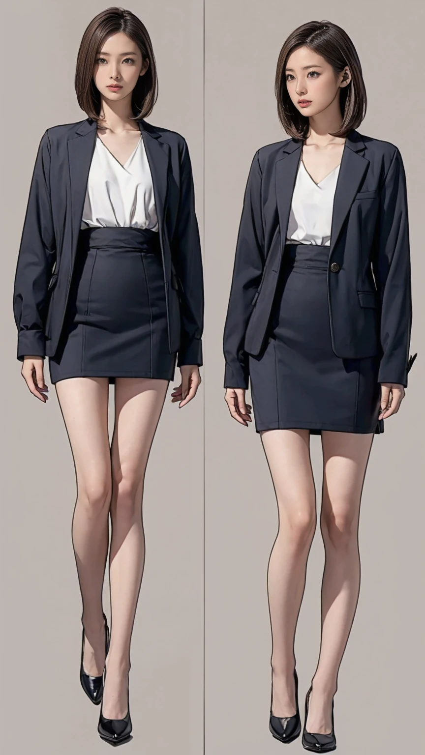 ((masterpiece)),(((Highest quality))),((Character design sheet)),Thin thighs,Long legs,Wearing a black jacket and white shirt、Japanese women leaving the nest,Emi with long black hair:1.3), (Light brown hair:1.3), high waist,Wear black high heels,background is gray,whole body