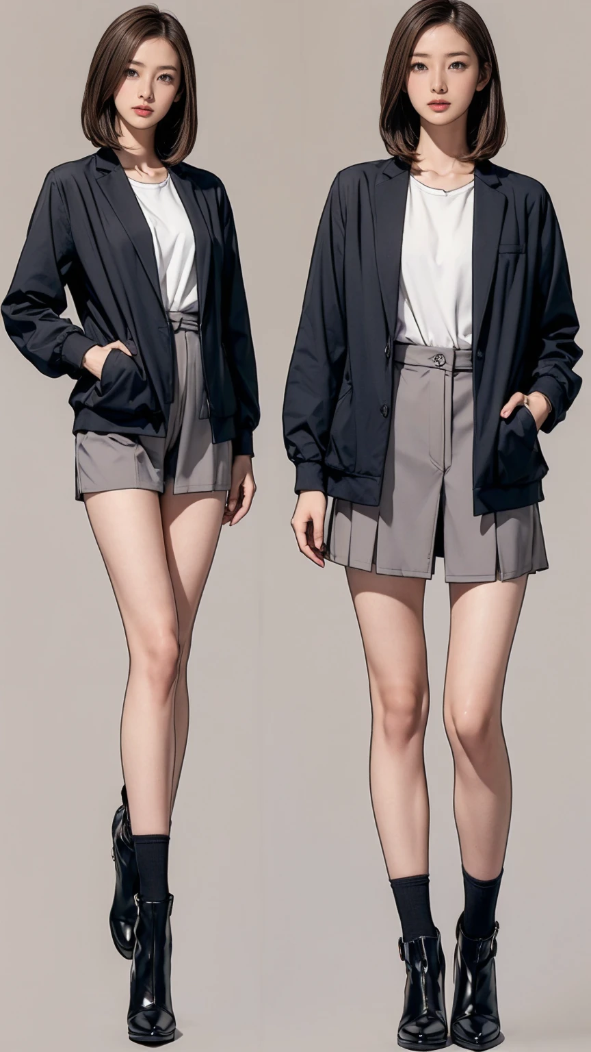 ((masterpiece)),(((Highest quality))),((Character design sheet)),Thin thighs,Long legs,Wearing a black jacket and white shirt、Japanese women leaving the nest,Emi with long black hair:1.3), (Light brown hair:1.3), high waist,Wear black high heels,background is gray,whole body