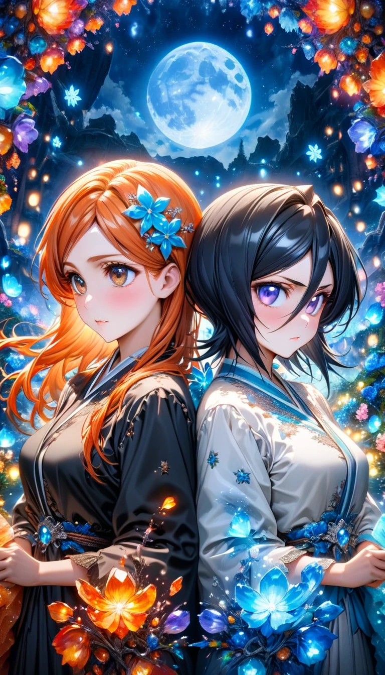 absurdres, highres, ultra detailed, HDR, masterpiece, Kuchiki Rukia, black hair, expressive purple eyes, Bleach, Inoue Orihime, long orange hair, expressive brown eyes, two women together, beautiful, black clothes, white clothes, magical, fantasy, blue moon, starry, blue fireflies, blue flowers
