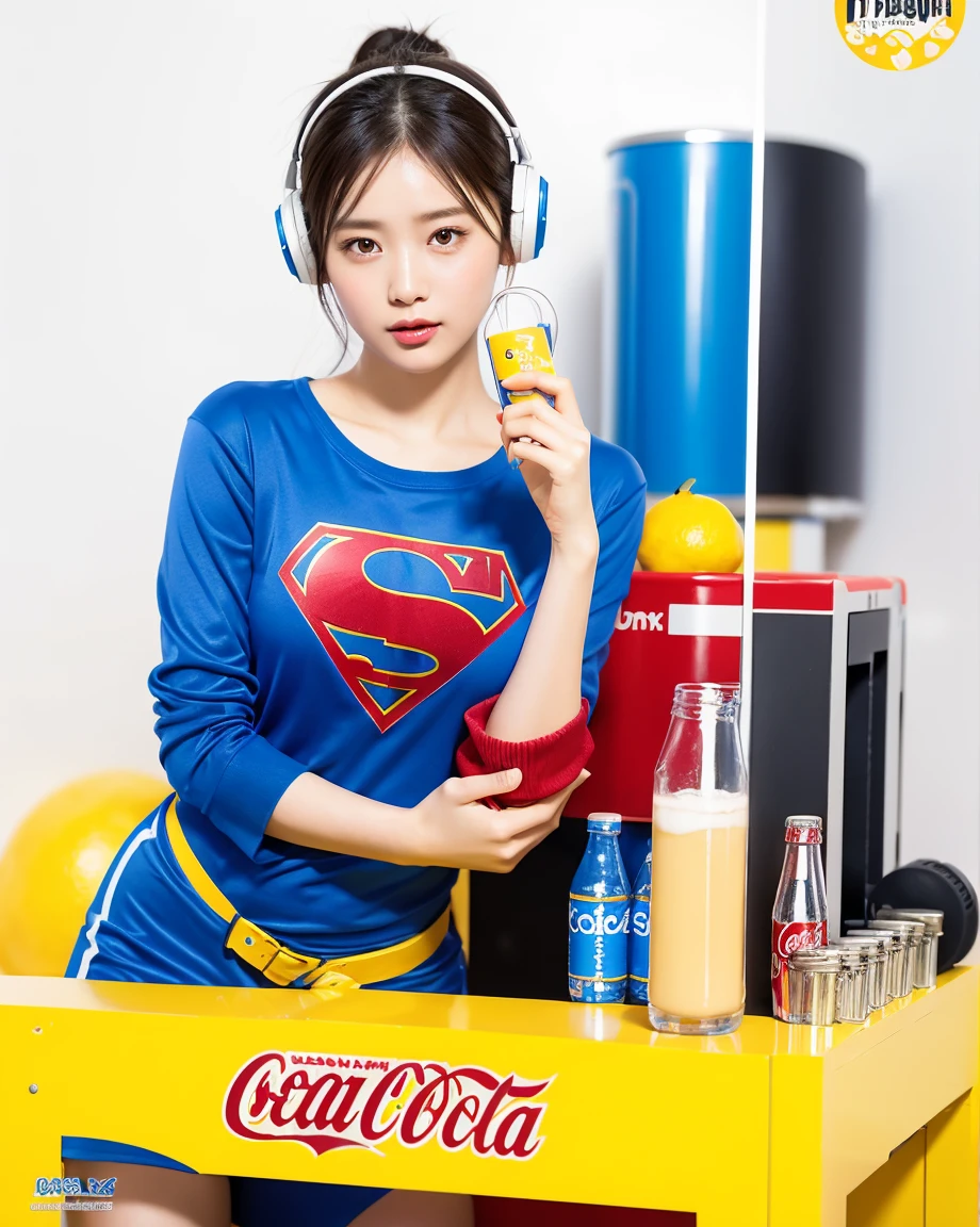 Realistic, 8K, masterpiece, RAW Photos, Highest quality, Realistic, 非常に詳細な CG Unity 8K 壁紙, Written boundary depth, Cinematic Light, Lens flare, Ray Tracing, Perfect lighting,short hair, (Delicate skin), (Delicate face),(Extremely delicate finger expression) (Pop Background :1.1), Person standing and watching、Comical movement,1 female,Supergirl Costume、Headphones,(White background),Modern Style,Artistic,Moving configuration,Unique Pattern,Bold Texture,colorful,Imaginative,Whimsical,Vibrant,like々Shii,Playful,Vibrant,creative,Expressive,stylish,tendency,One Girl,Drink canned juice、Coca-Cola Poster、Lemon on the background