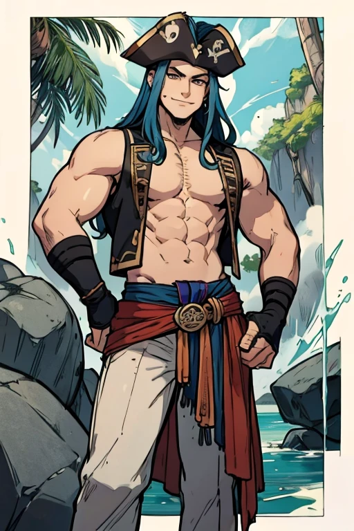 A muscular blue haired man with gray eyes and long hair in a pirate's outfit is smiling on a rock on a tropical island