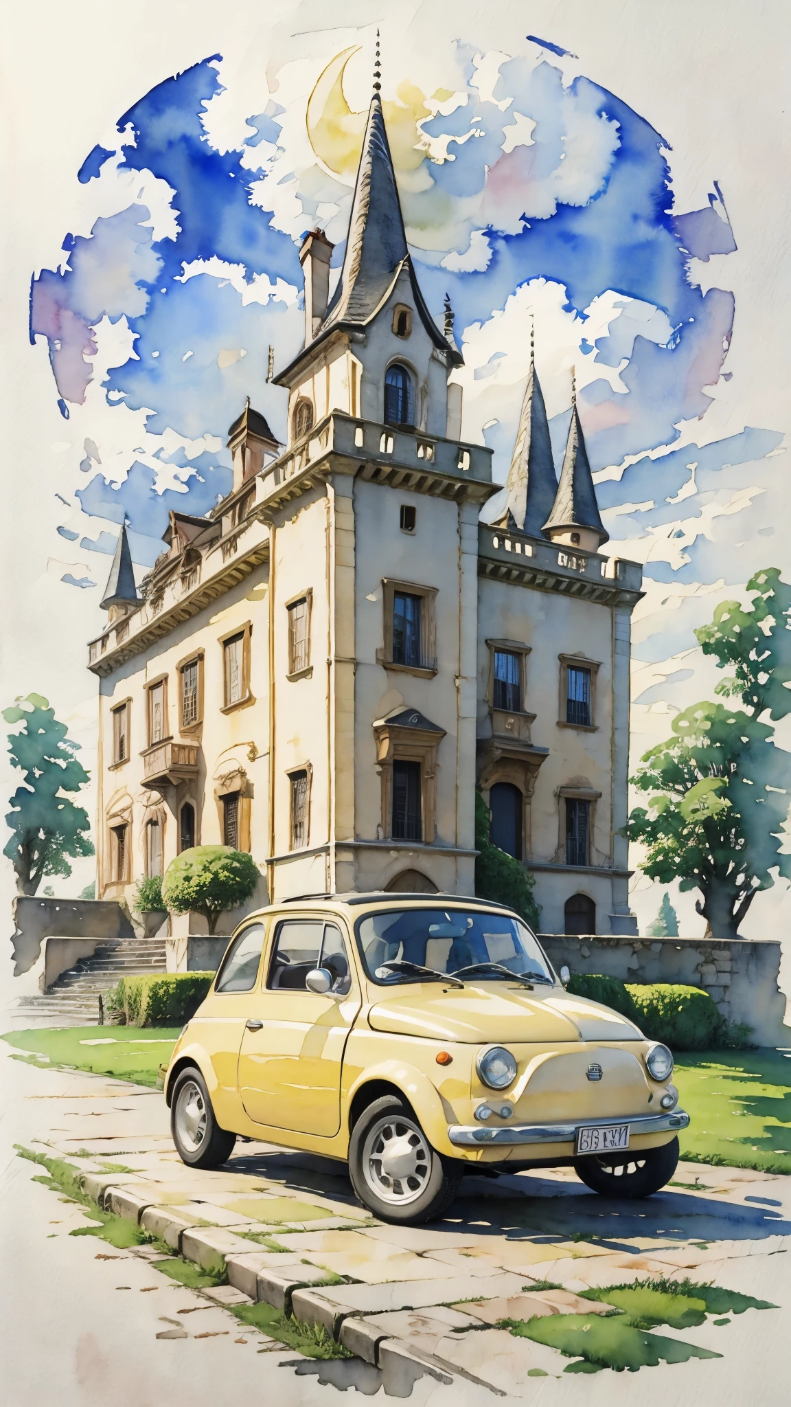 (masterpiece:1.2, Highest quality),(Very detailed),(((watercolor))),8K,wallpaper,Cream-colored Fiat 500,Castle of Cagliostro,moon,(((Ghibli style))),透明watercolor