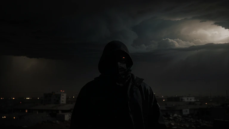 The sky is a swirl of dark clouds and the air is thick with dust and debris. In the distance, a lone figure is silhouetted against the apocalyptic backdrop. This figure is shrouded in darkness and his face is obscured. They reach out to the viewer, as if inviting them to witness the events unfolding.