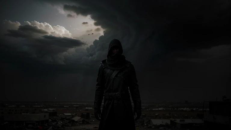 The sky is a swirl of dark clouds and the air is thick with dust and debris. In the distance, a lone figure is silhouetted against the apocalyptic backdrop. This figure is shrouded in darkness and his face is obscured. They reach out to the viewer, as if inviting them to witness the events unfolding.