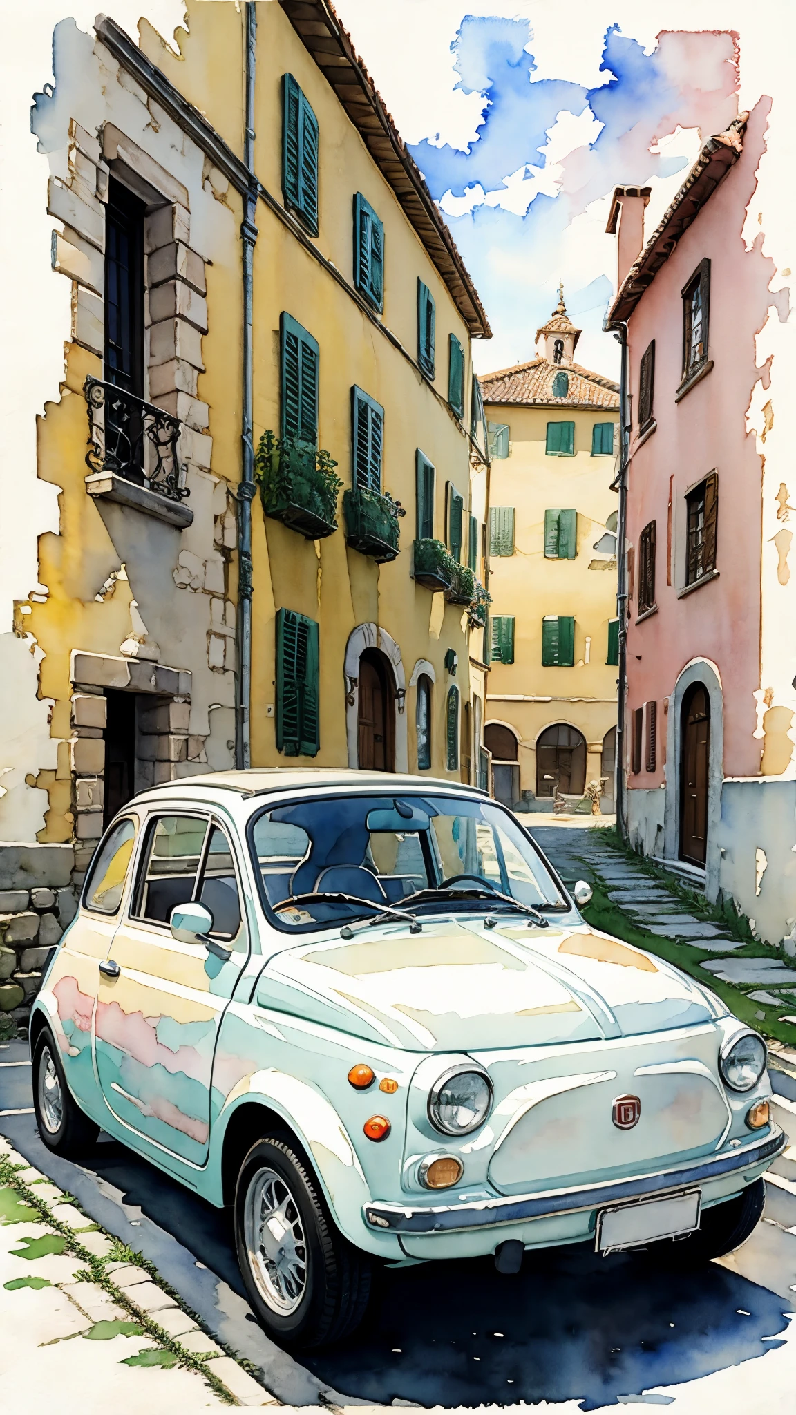 (masterpiece:1.2, Highest quality),(Very detailed),(((watercolor))),8K,wallpaper,Cream-colored Fiat 500,Castle of Cagliostro,moon,(((Ghibli style))),透明watercolor