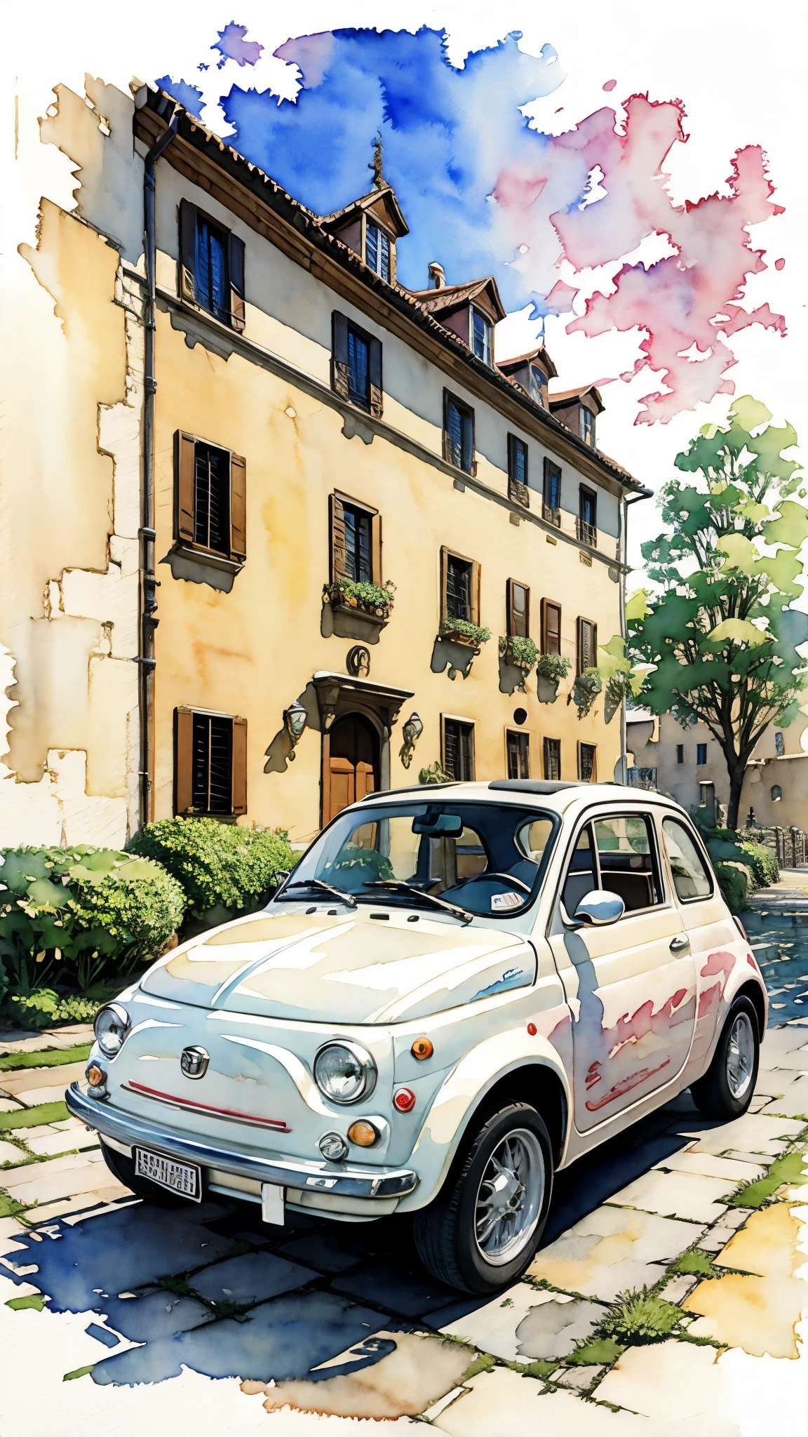 (masterpiece:1.2, Highest quality),(Very detailed),(((watercolor))),8K,wallpaper,Cream-colored Fiat 500,Castle of Cagliostro,moon,(((Ghibli style))),透明watercolor