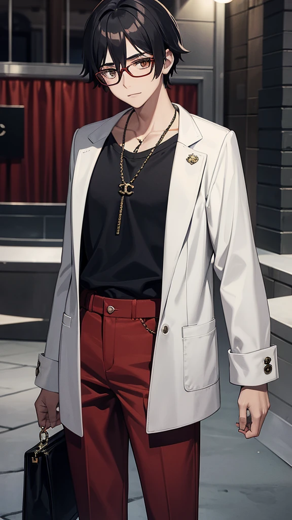Chanel hair over the shoulder in red color, who wears glasses and loose clothes. A black boy with glasses, with casual clothes